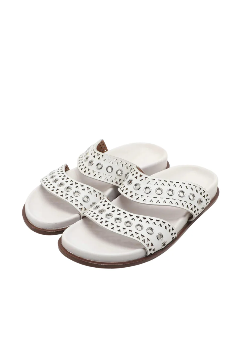 Alaia Women’s Perforated White Leather Grommet Flat Slides