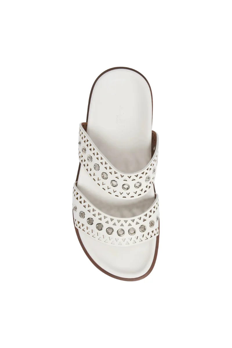 Alaia Women’s Perforated White Leather Grommet Flat Slides - Image 2