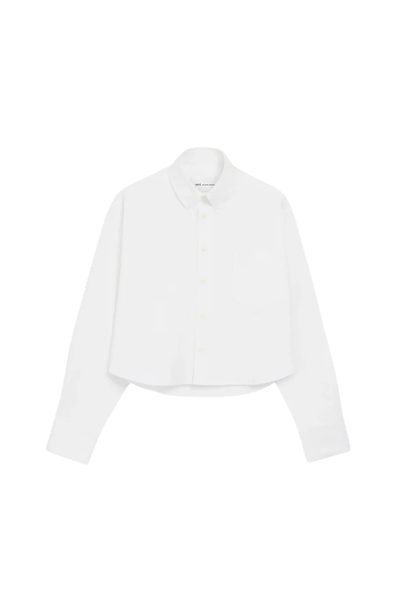 Ami Paris Button Down Cropped Oversized Shirt In Cotton Oxford-White