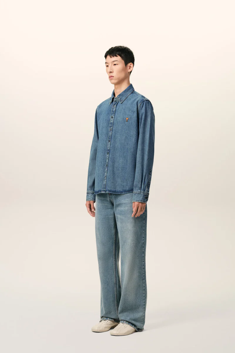 Ami Paris Button Down Shirt In Used Indigo Light Denim Blue - Image 3