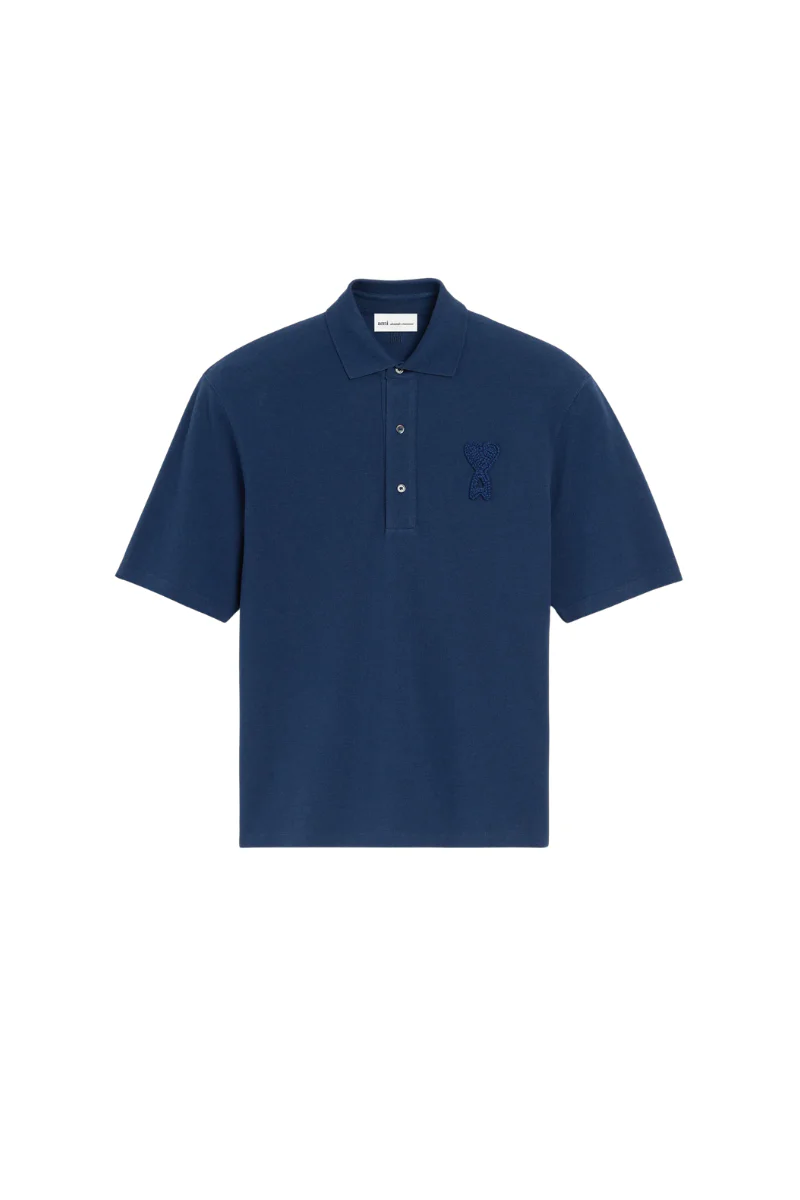 Ami Paris De Coeur Super Lightweight Cotton Piqu¨¦ Short Sleeves Polo Shirt-Navy