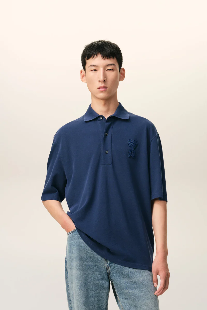 Ami Paris De Coeur Super Lightweight Cotton Piqu¨¦ Short Sleeves Polo Shirt-Navy - Image 2
