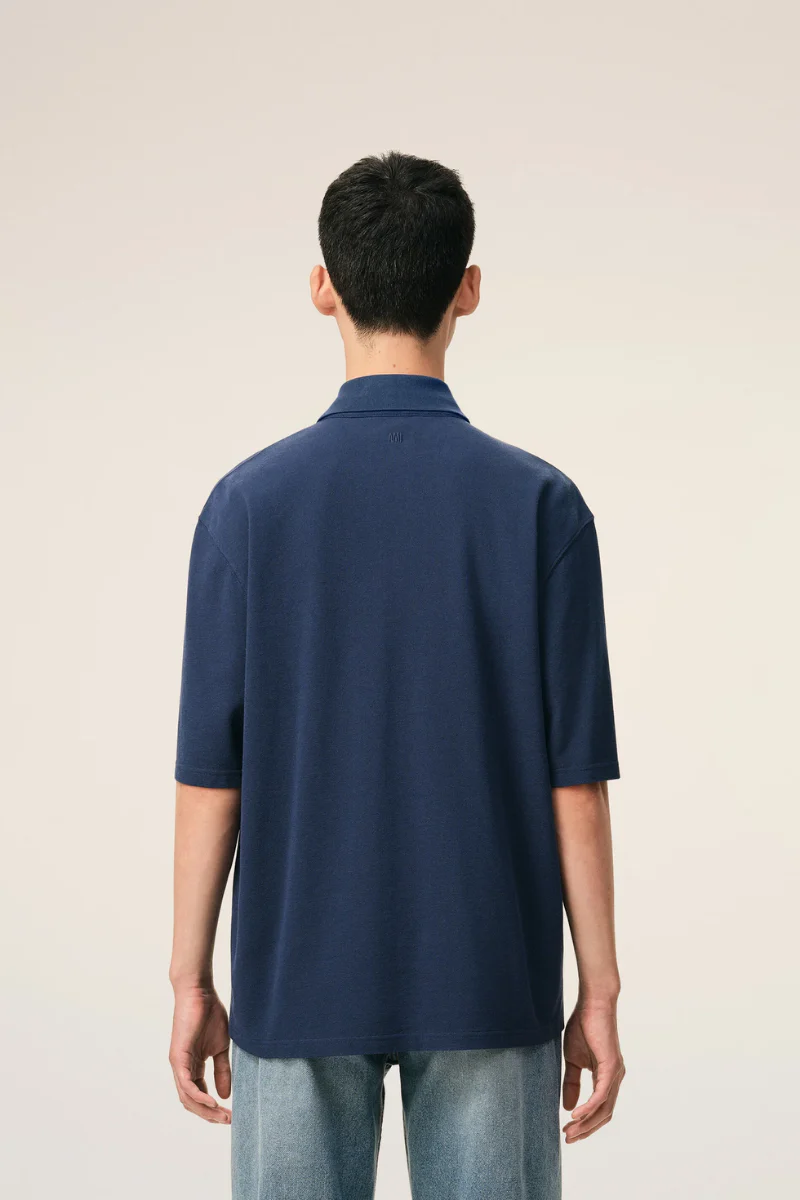 Ami Paris De Coeur Super Lightweight Cotton Piqu¨¦ Short Sleeves Polo Shirt-Navy - Image 3