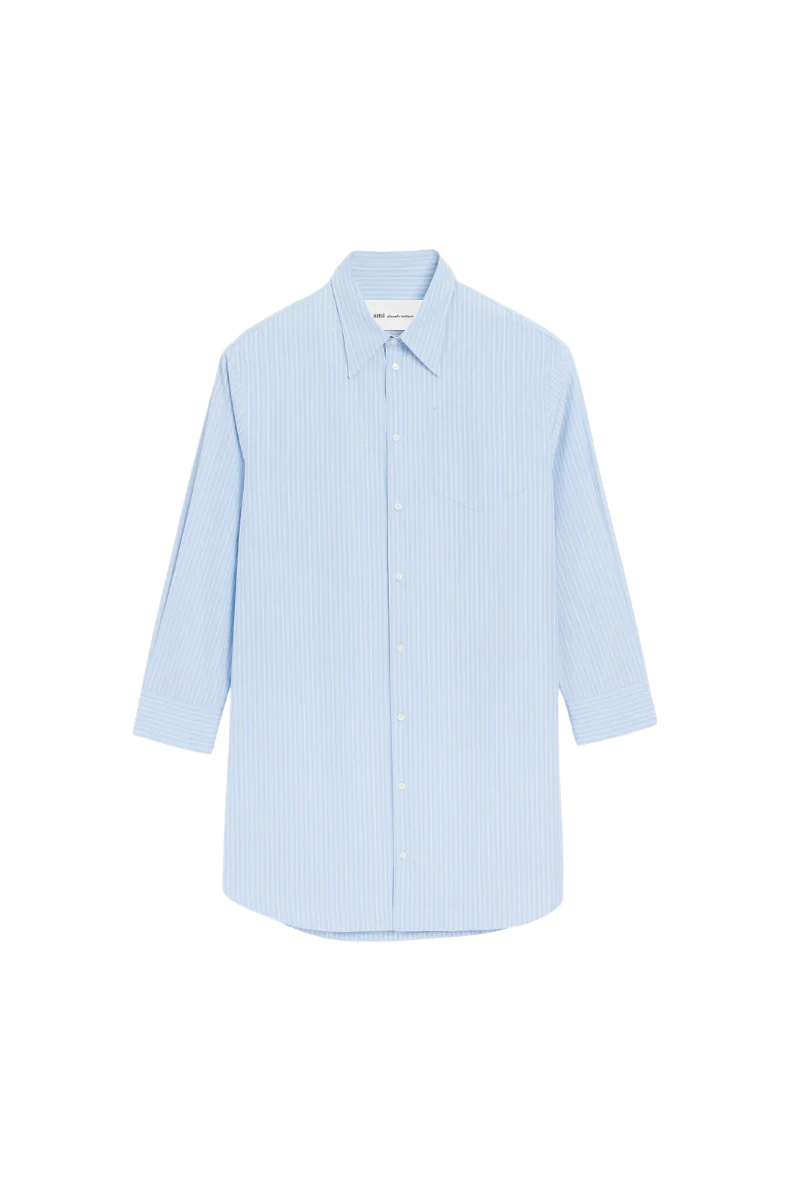 Ami Paris Long Sleeve Dress In Striped Cotton Poplin-Blue