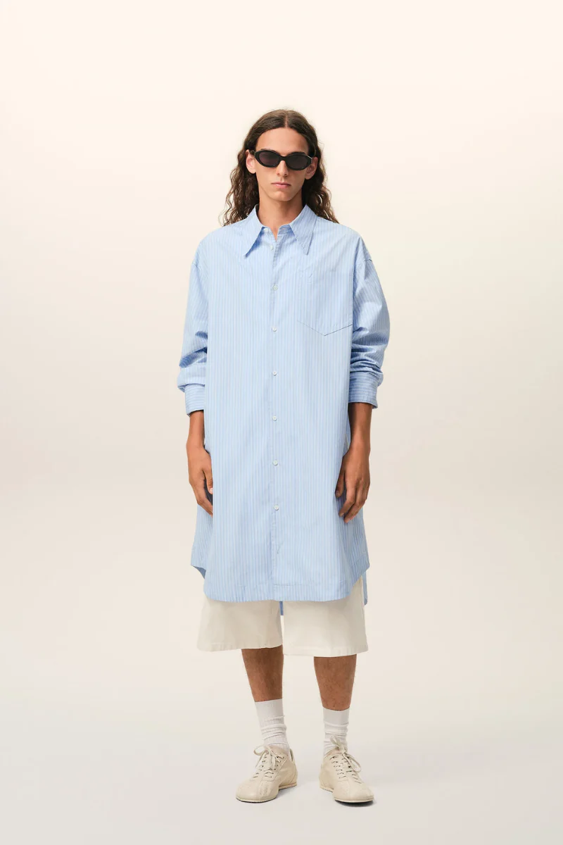 Ami Paris Long Sleeve Dress In Striped Cotton Poplin-Blue - Image 2