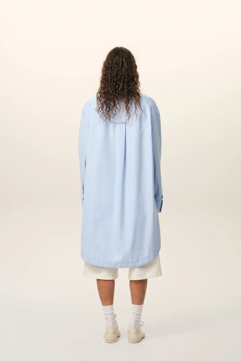 Ami Paris Long Sleeve Dress In Striped Cotton Poplin-Blue - Image 3