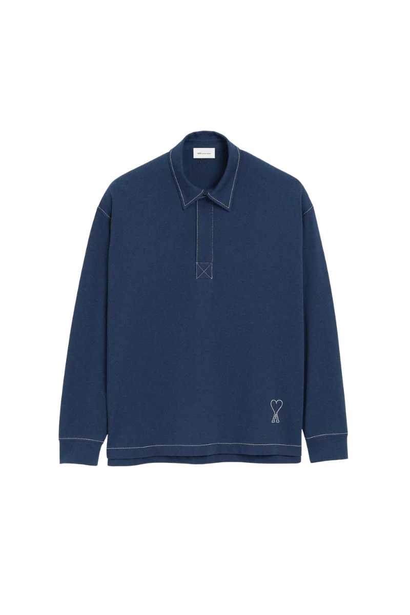 Ami Paris Long Sleeves Polo Shirt In Thick Cotton Jersey-Blue