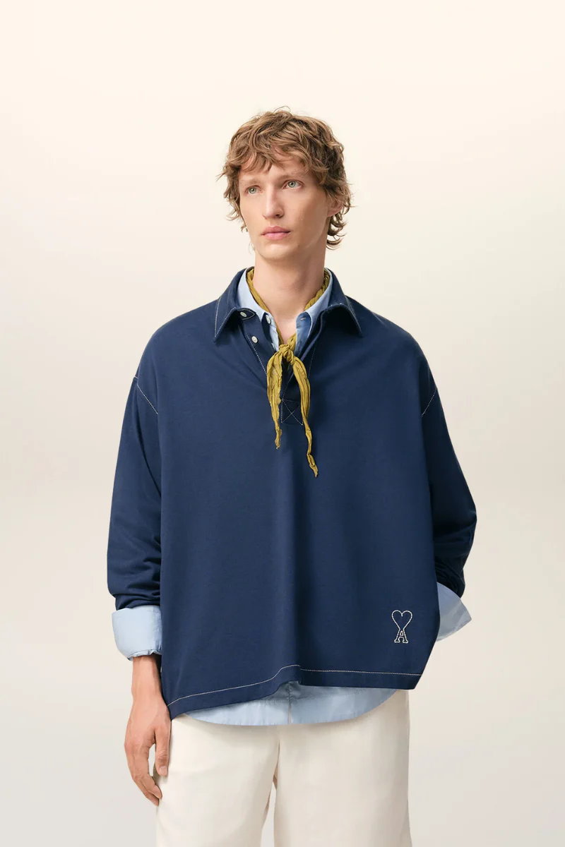 Ami Paris Long Sleeves Polo Shirt In Thick Cotton Jersey-Blue - Image 2