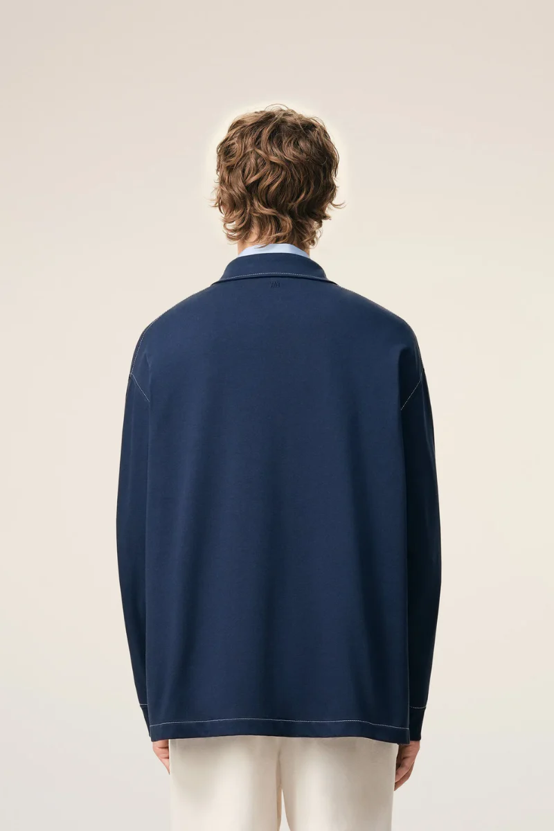 Ami Paris Long Sleeves Polo Shirt In Thick Cotton Jersey-Blue - Image 3