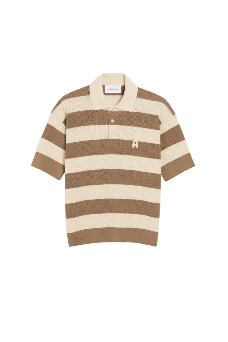 Ami Paris Polo In Ajour¨¦ Stripped Cotton Knit-White And Brown