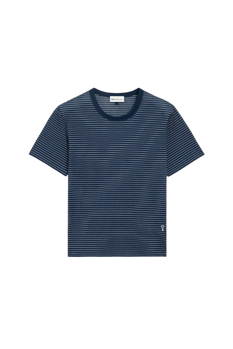 Ami Paris Short Sleeves T-Shirt In Striped Mercerised Jersey-Blue