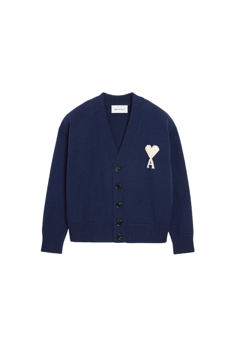 Ami Paris Wool V Neck Cardigan-Navy