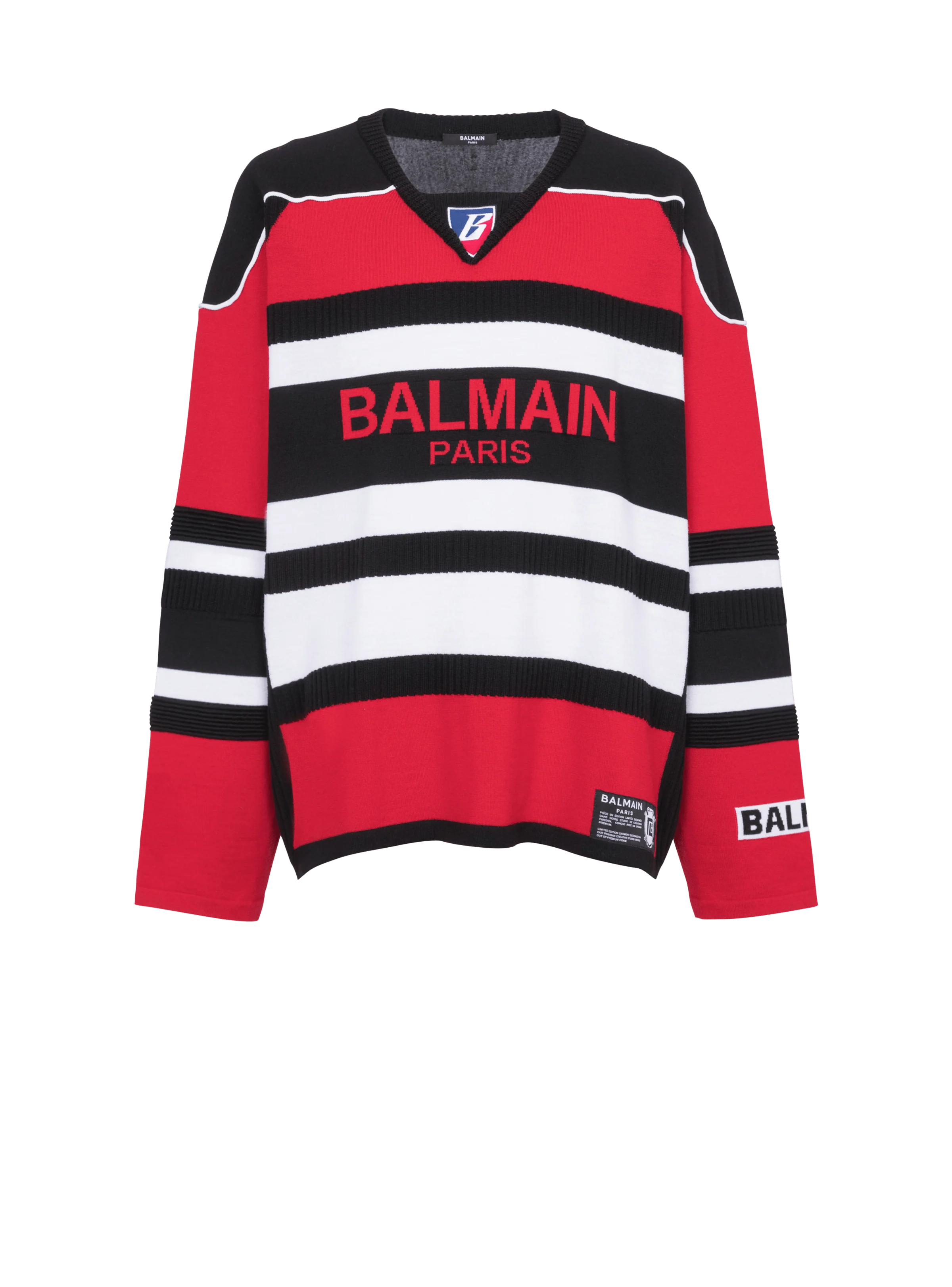 BALMAIN MEN'S BLACK RED WHITE BOXY SWEATER