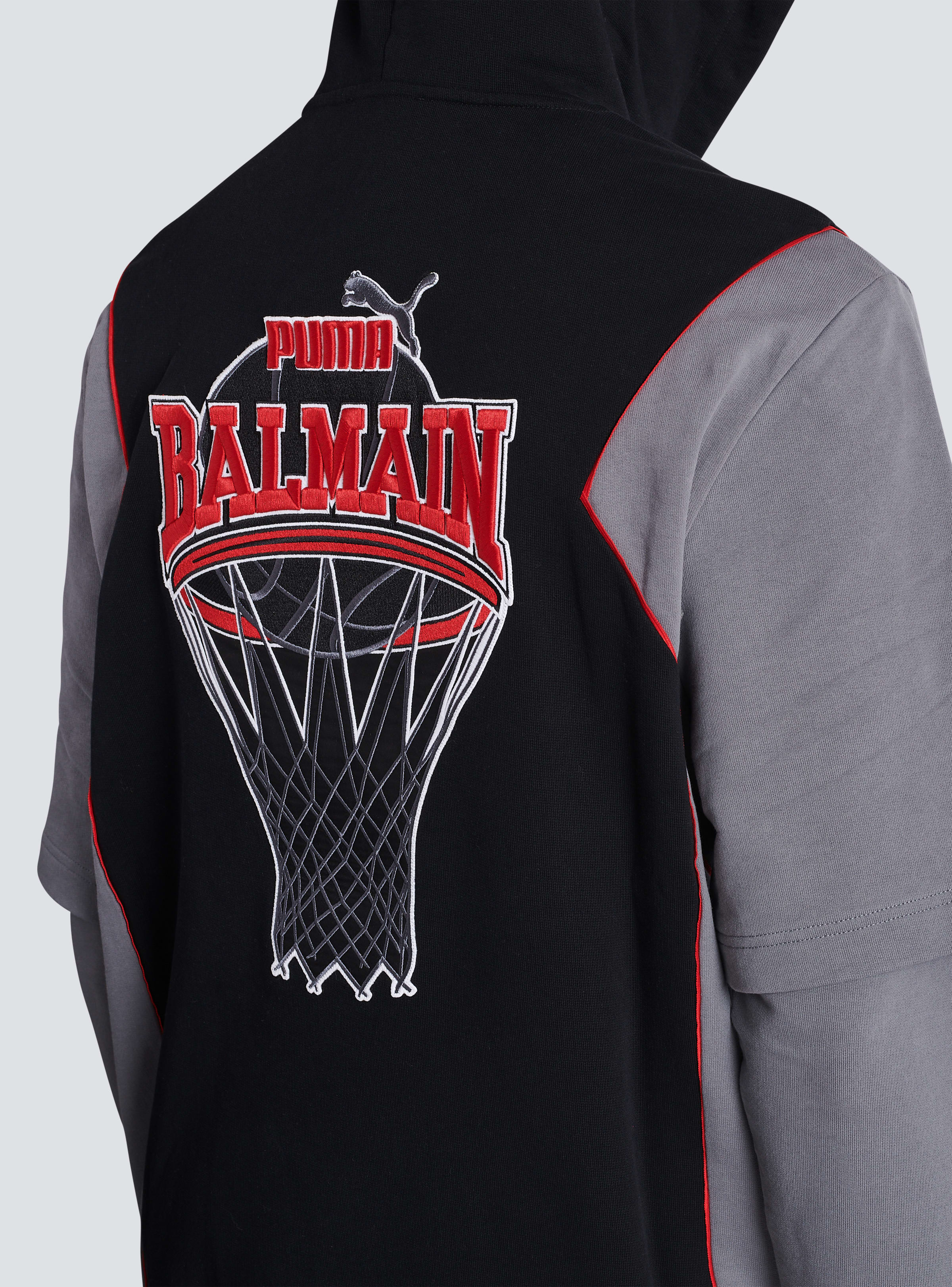 BALMAIN MEN'S BLACK GREY OVERSIZED HOODIE WITH STRIPES - Image 7