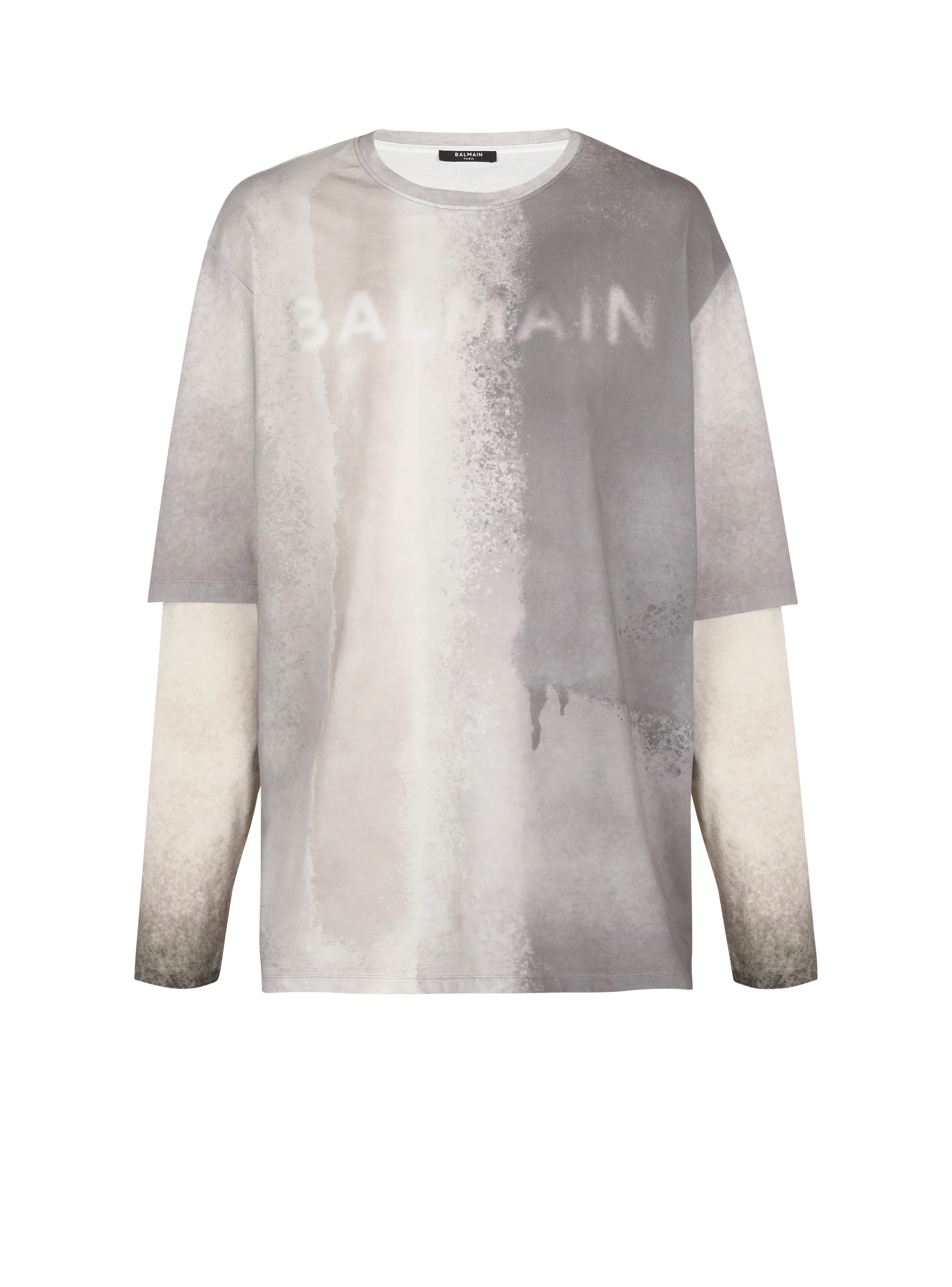 BALMAIN MEN'S BALMAIN SPRAYED DOUBLE LAYER LS T-SHIRT NWT