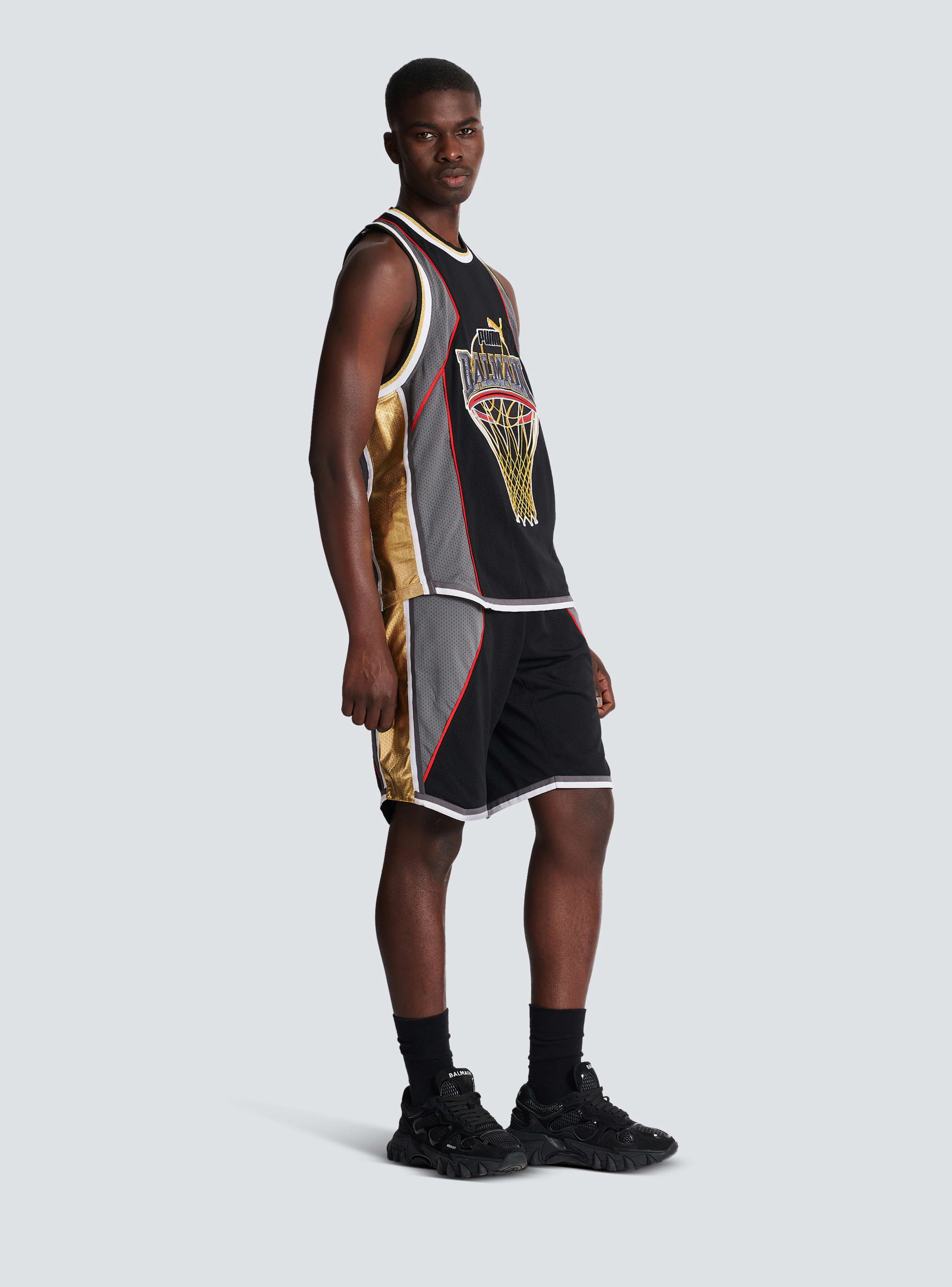 BALMAIN MEN'S BLACK GREY GOLD SLEEVELESS TECHNICAL TANK - Image 3