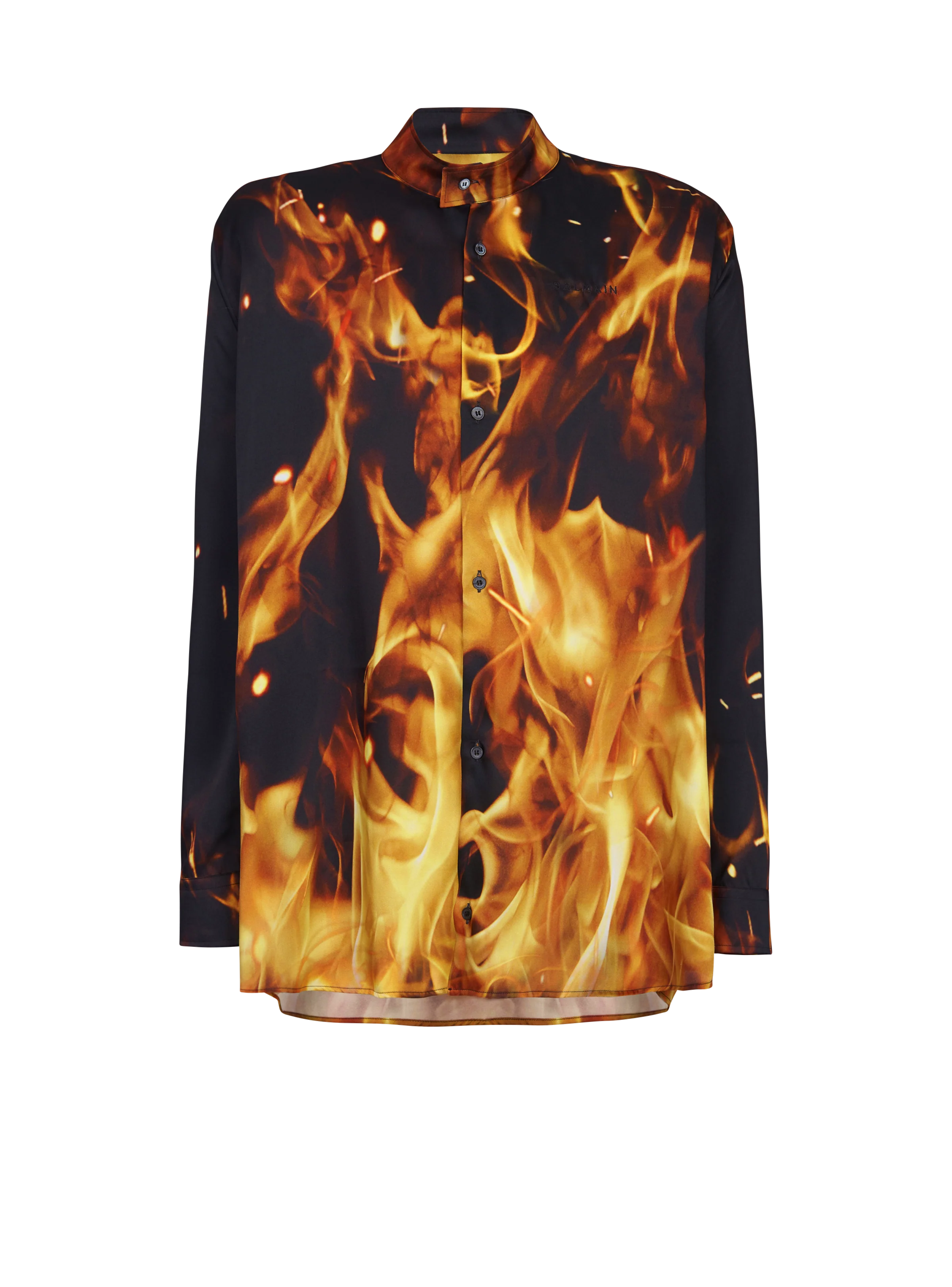 BALMAIN MEN'S BLACK YELLOW FIRE PRINT COLLARLESS SHIRT