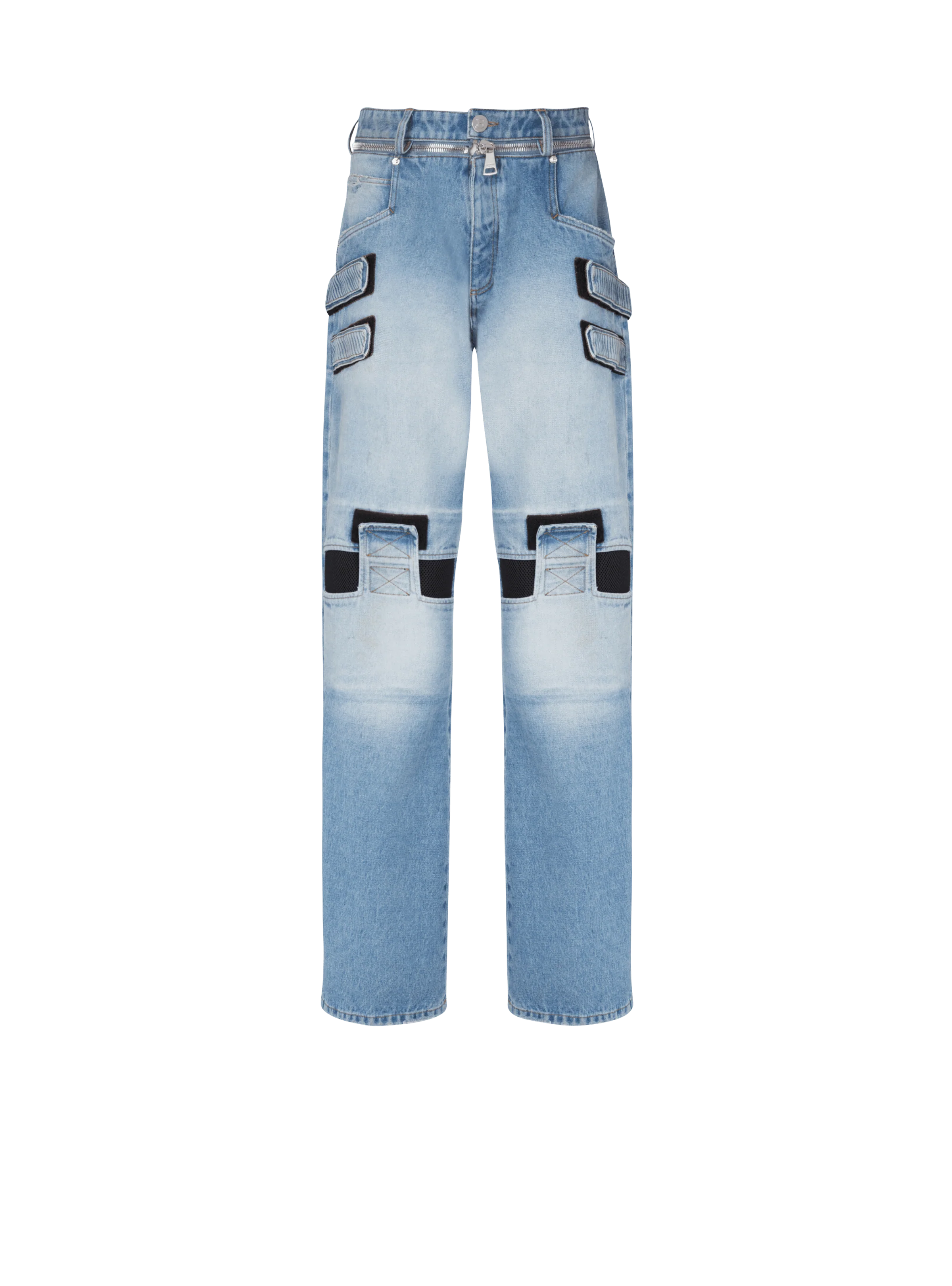 BALMAIN MEN'S KNEE PATCH LOOSE BLUE DENIM PANTS NWT