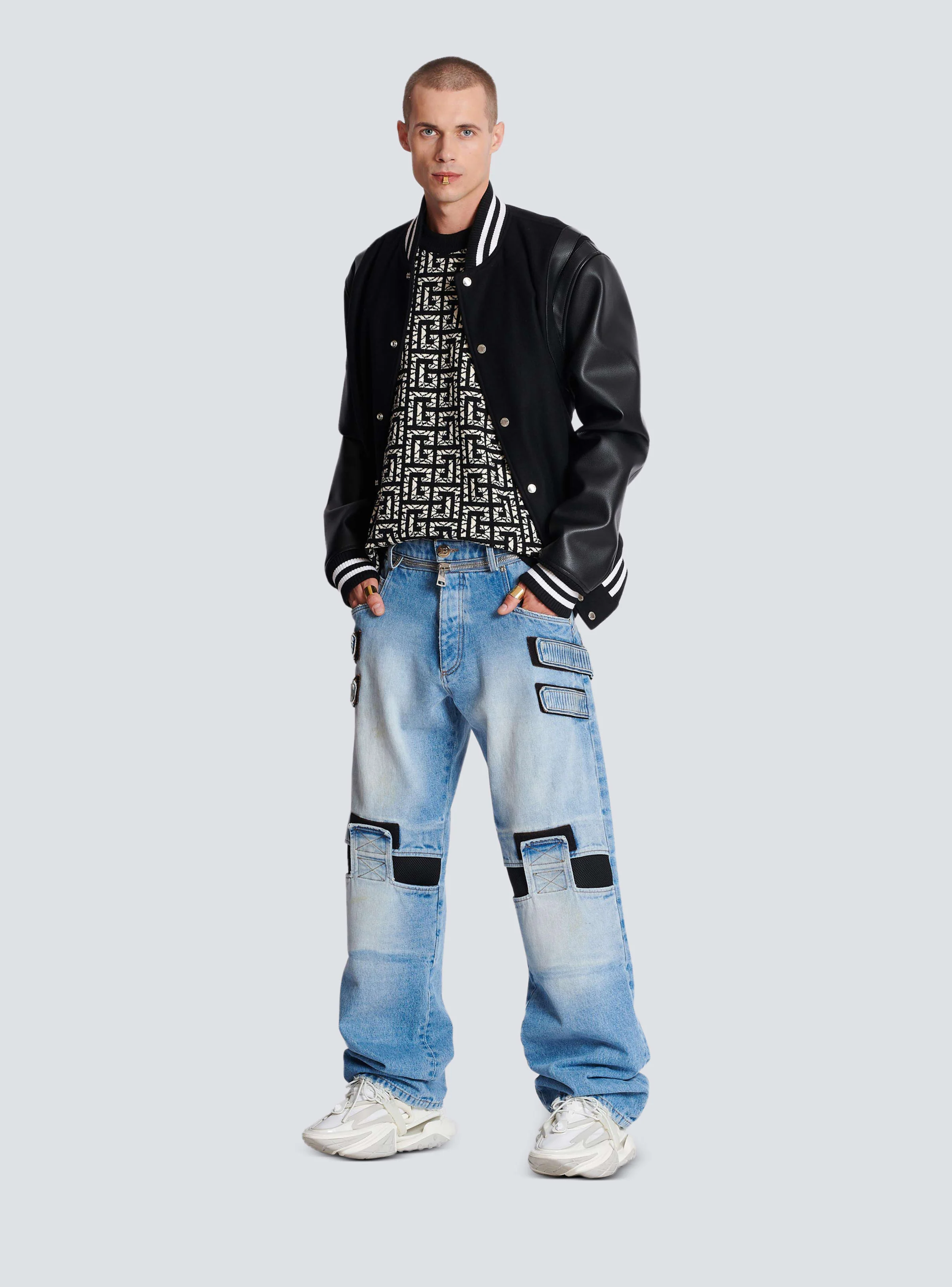 BALMAIN MEN'S KNEE PATCH LOOSE BLUE DENIM PANTS NWT - Image 2