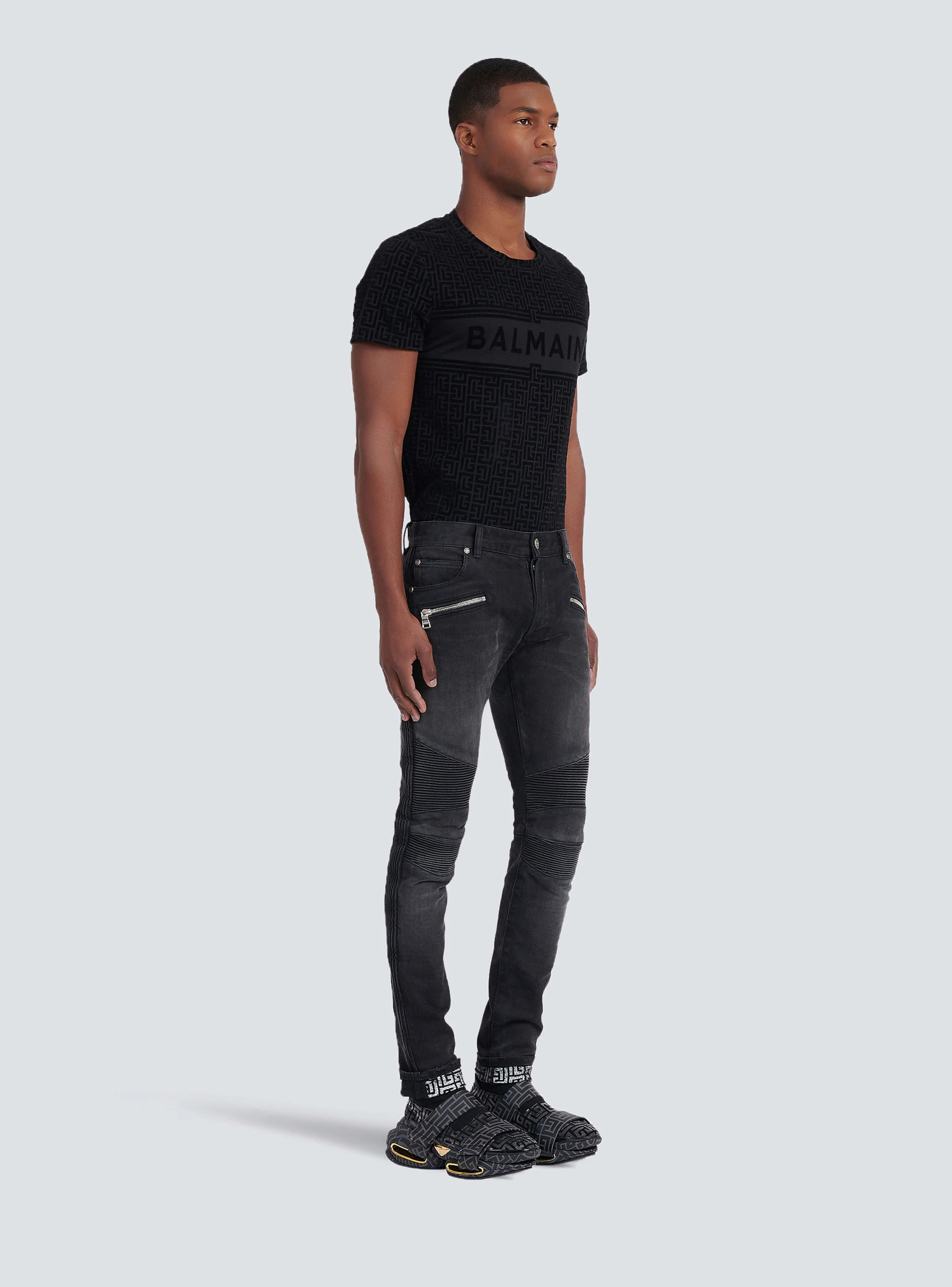BALMAIN MEN'S BLACK RIBBED SLIM JEANS WITH MONOGRAM - Image 3