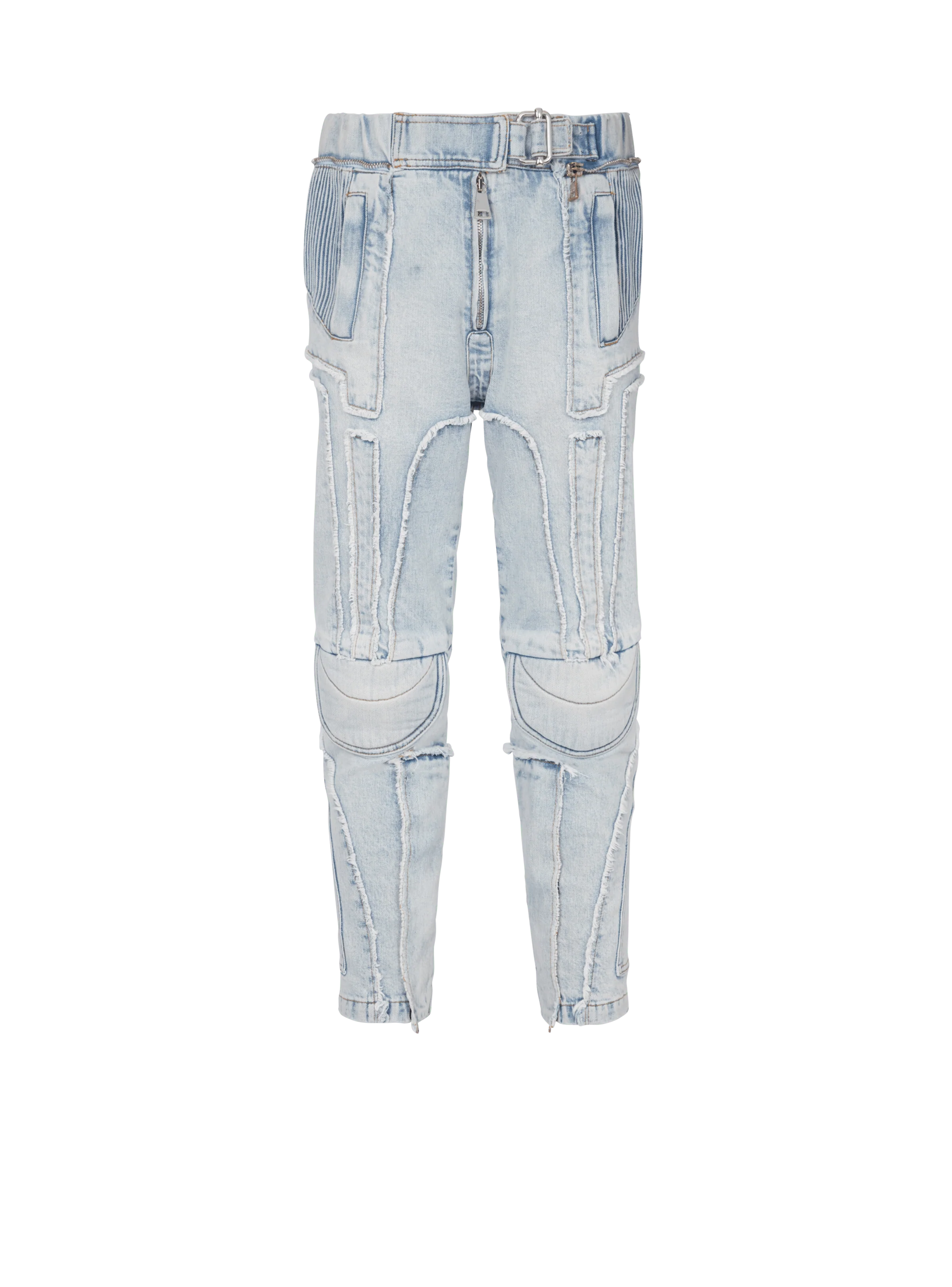 BALMAIN MEN'S LIGHT BLUE TAPERED DENIM PANTS
