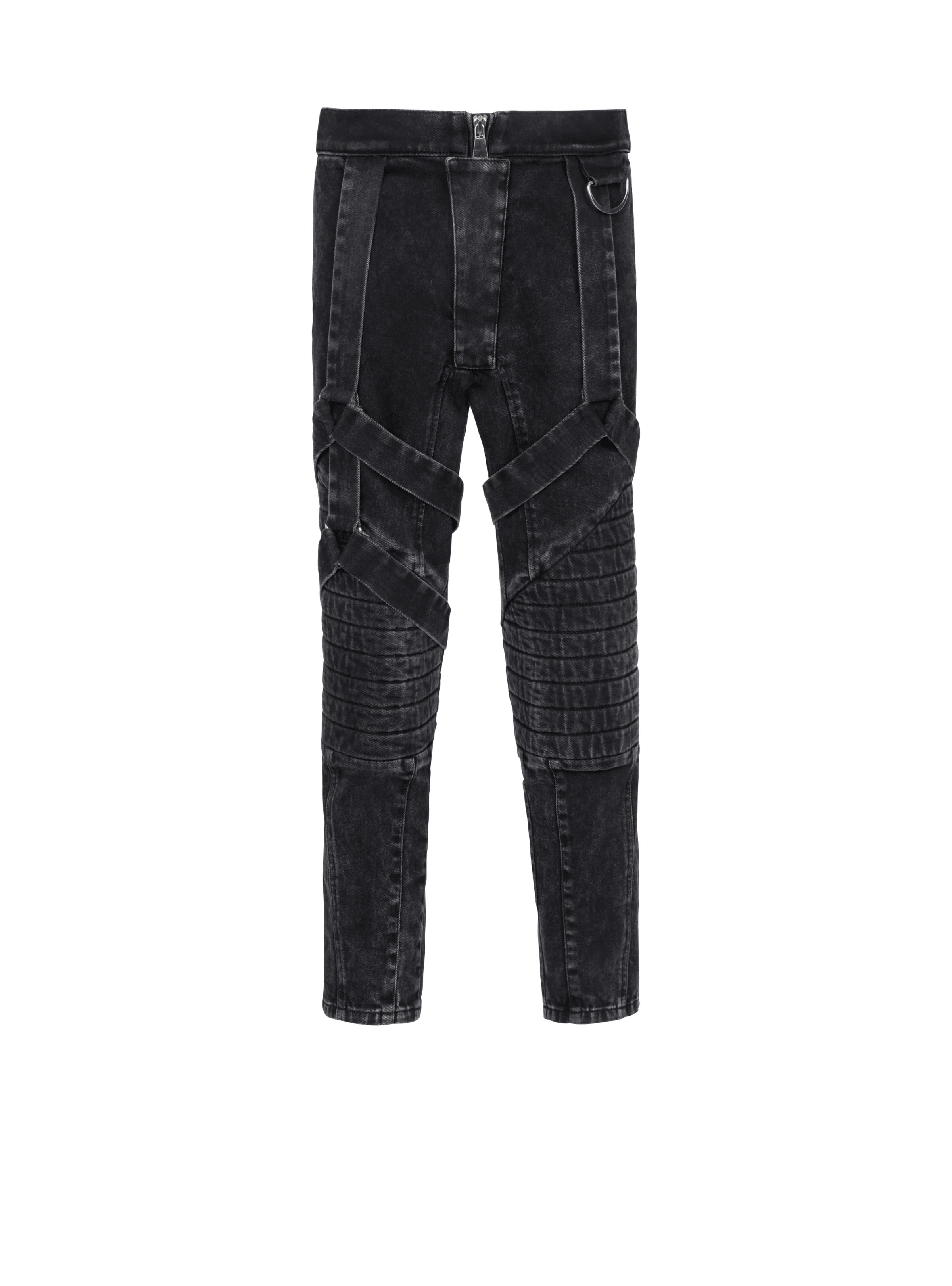 BALMAIN MEN'S BLACK ACID WASH DENIM PANTS WITH STRAPS