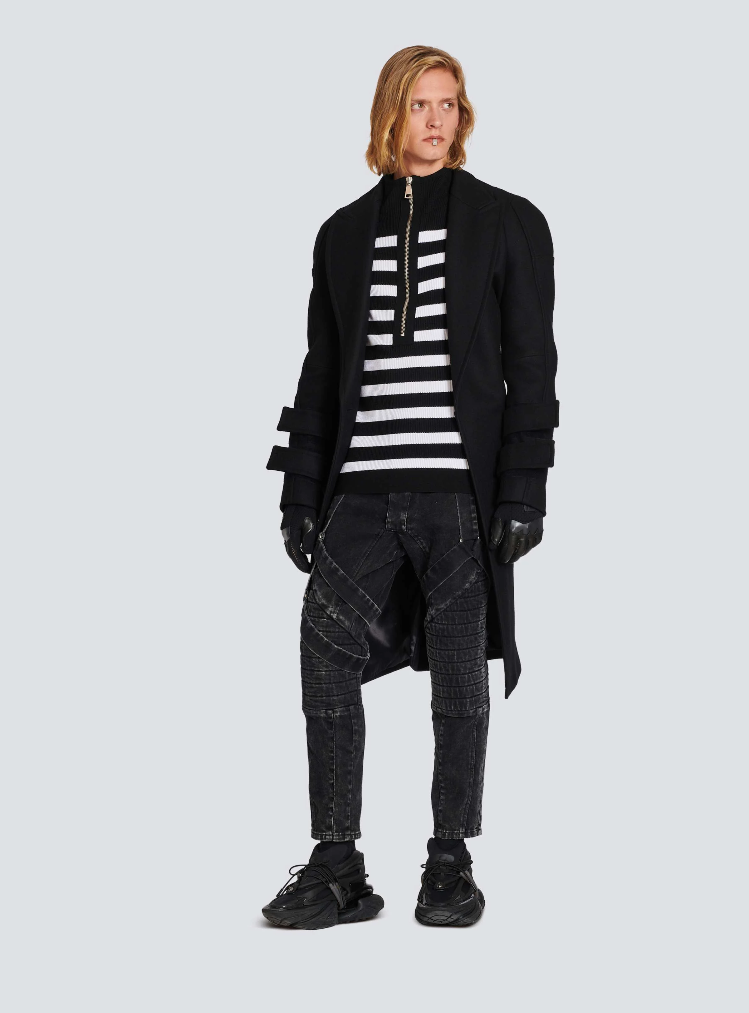 BALMAIN MEN'S BLACK ACID WASH DENIM PANTS WITH STRAPS - Image 2