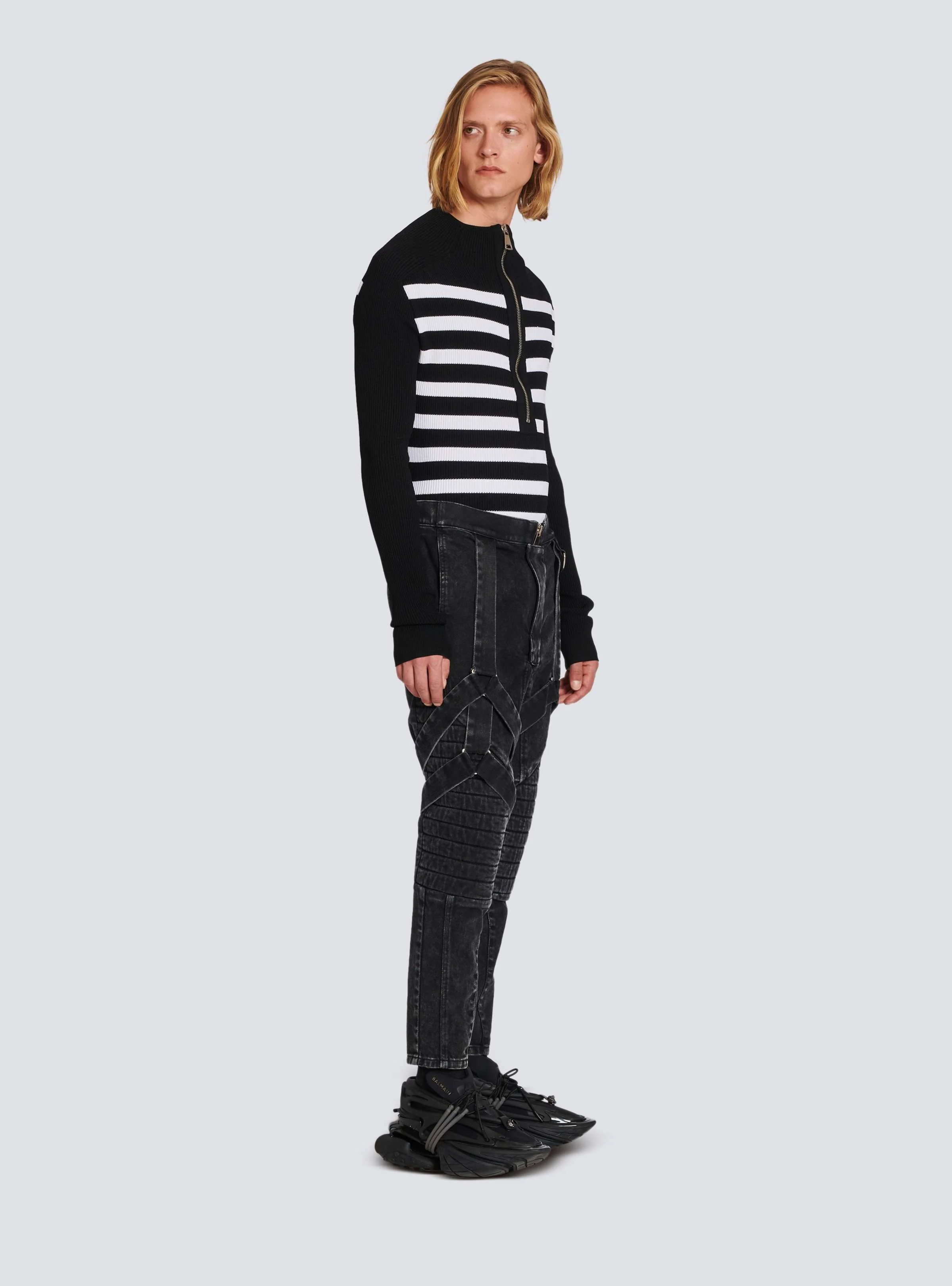 BALMAIN MEN'S BLACK ACID WASH DENIM PANTS WITH STRAPS - Image 3