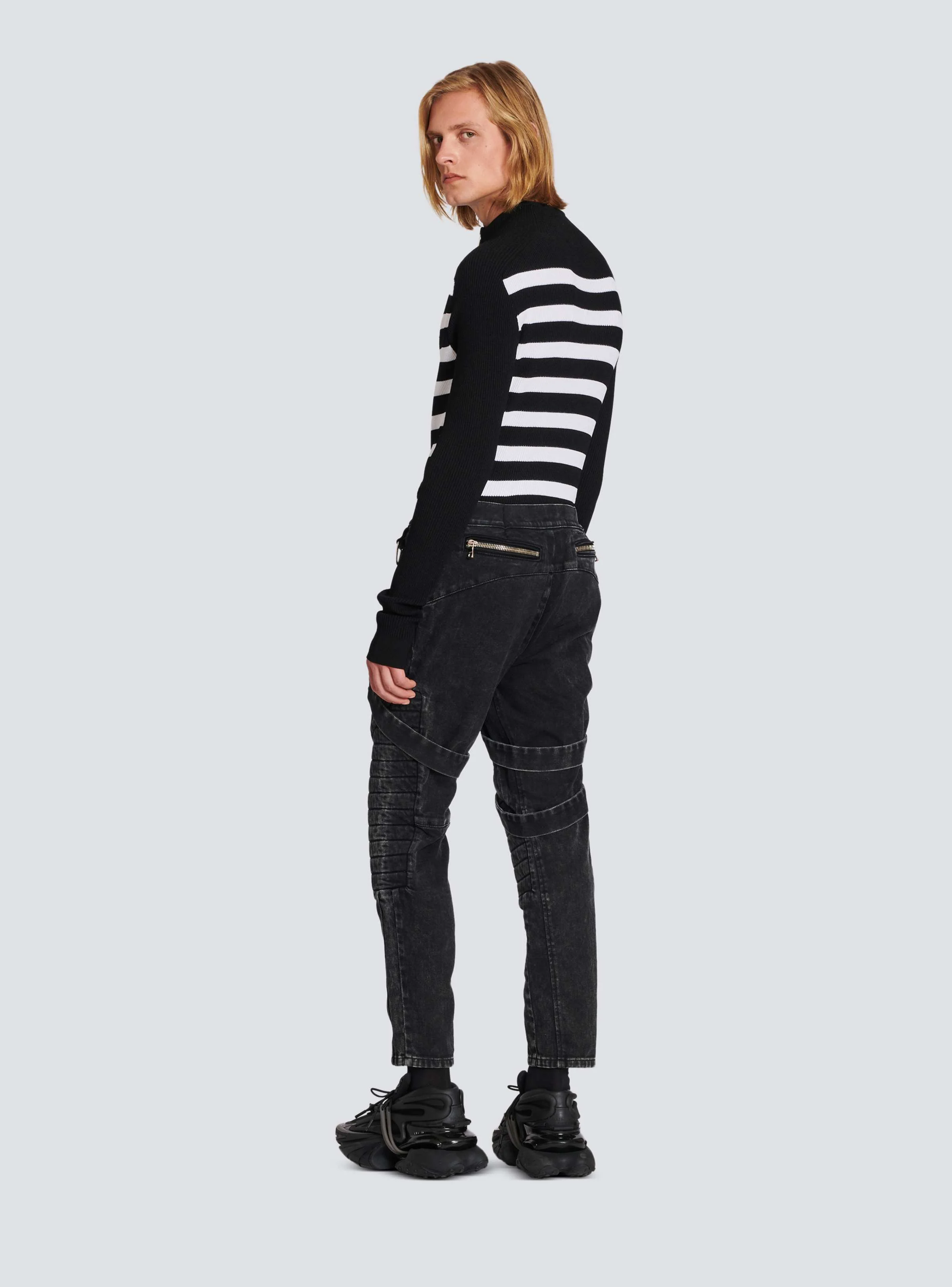 BALMAIN MEN'S BLACK ACID WASH DENIM PANTS WITH STRAPS - Image 4