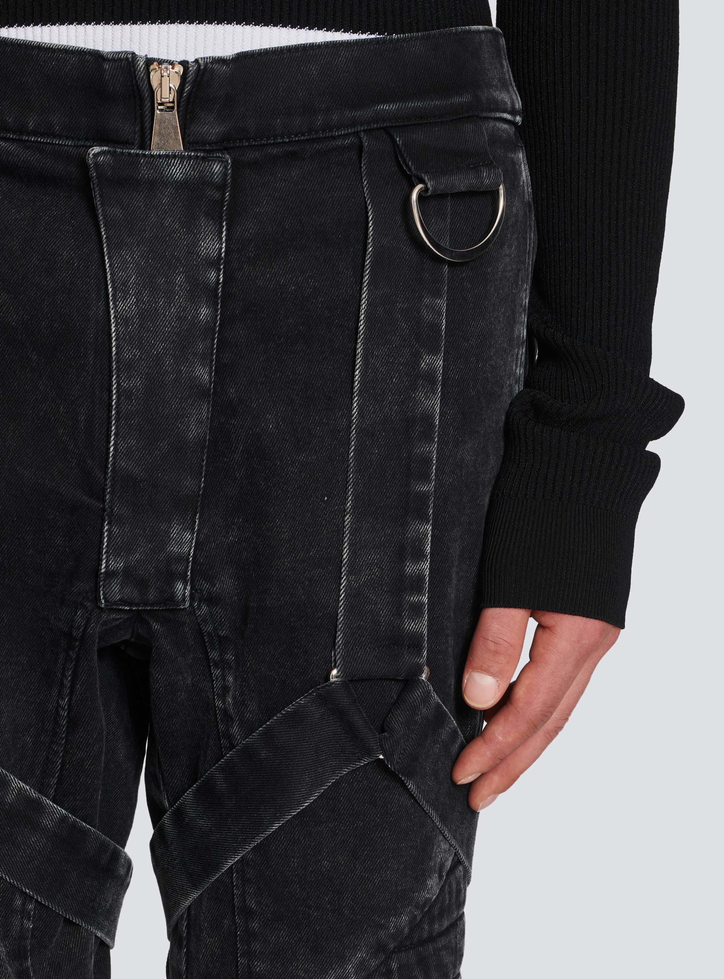 BALMAIN MEN'S BLACK ACID WASH DENIM PANTS WITH STRAPS - Image 5