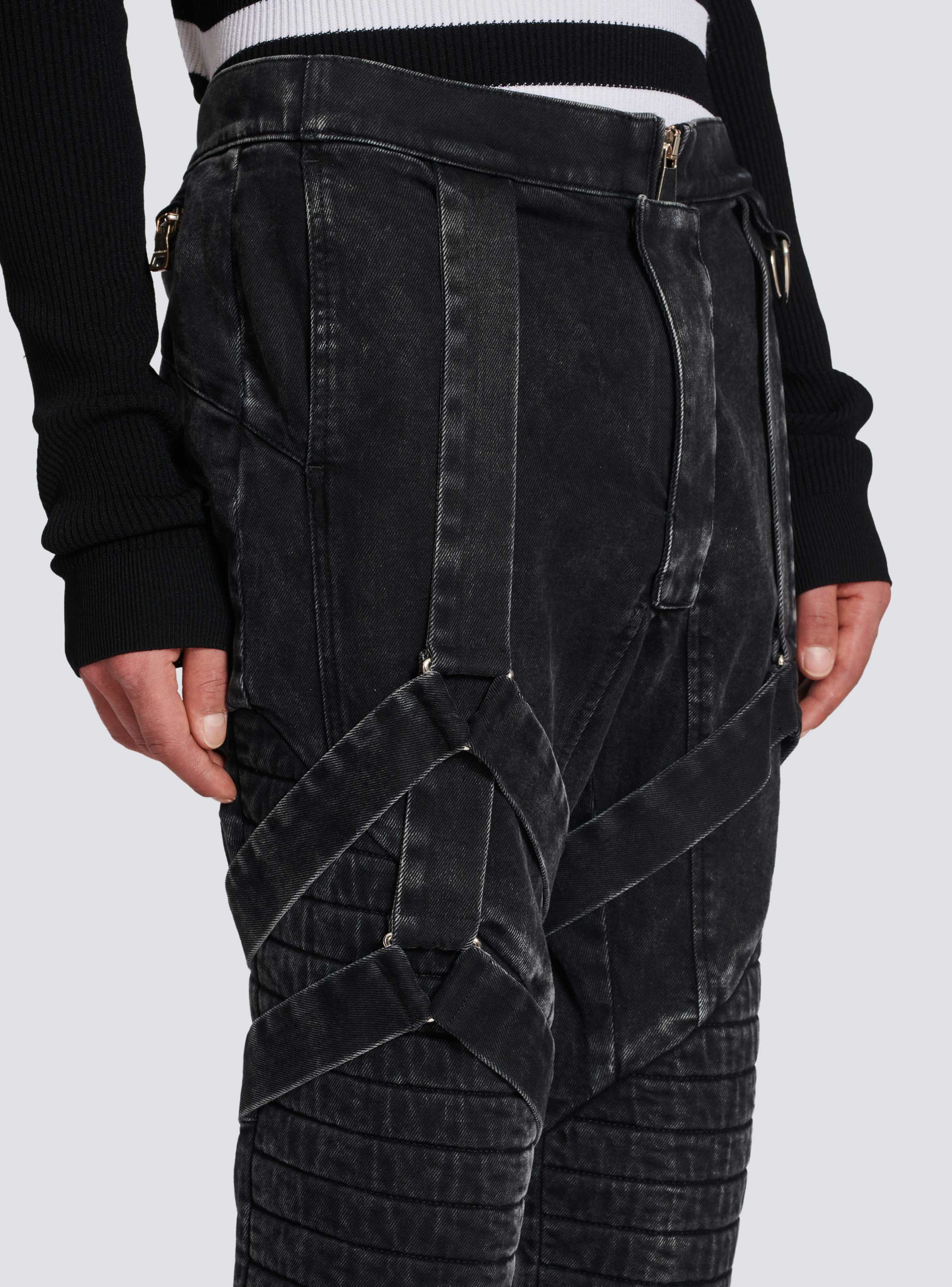 BALMAIN MEN'S BLACK ACID WASH DENIM PANTS WITH STRAPS - Image 6