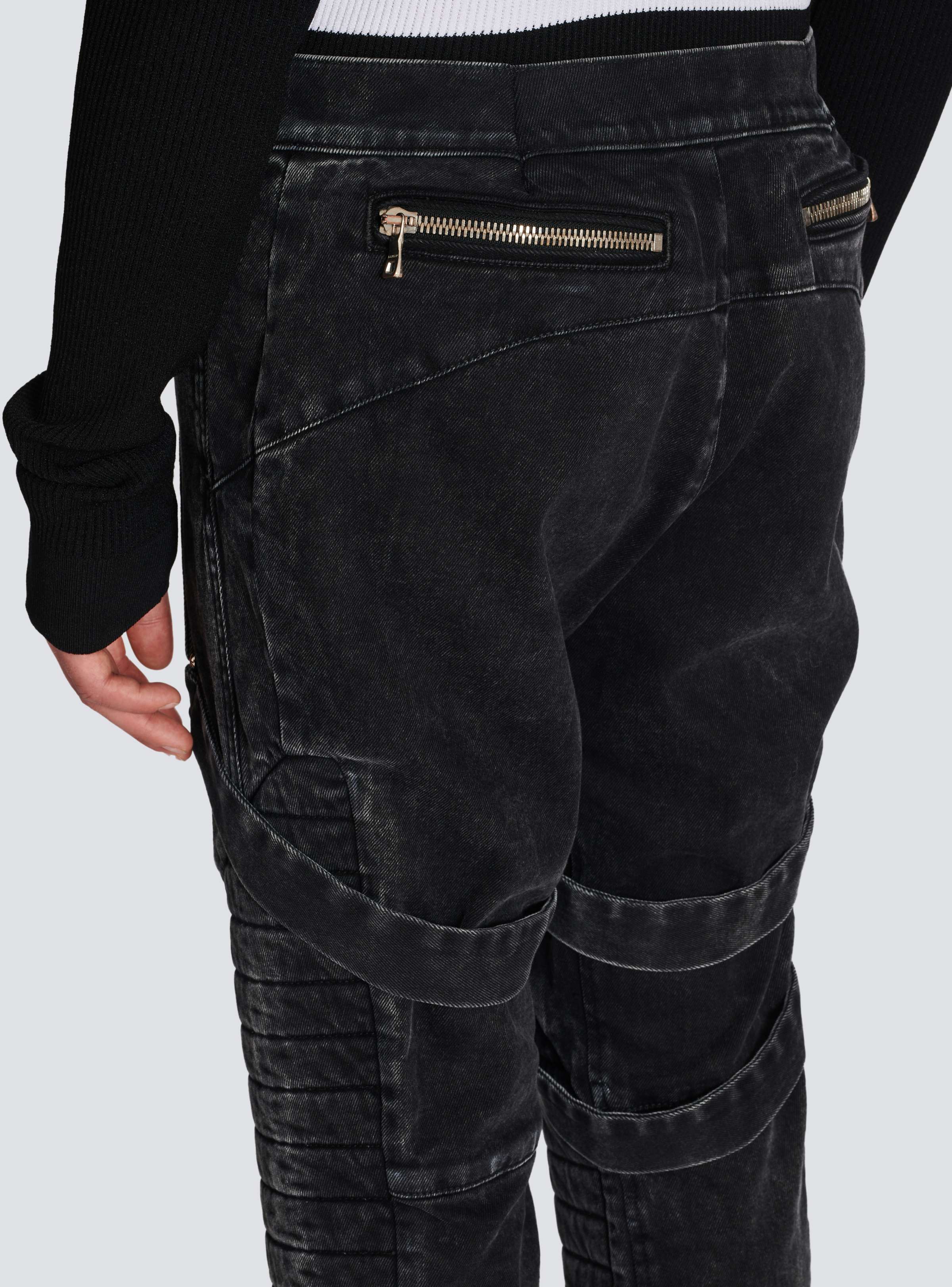 BALMAIN MEN'S BLACK ACID WASH DENIM PANTS WITH STRAPS - Image 7