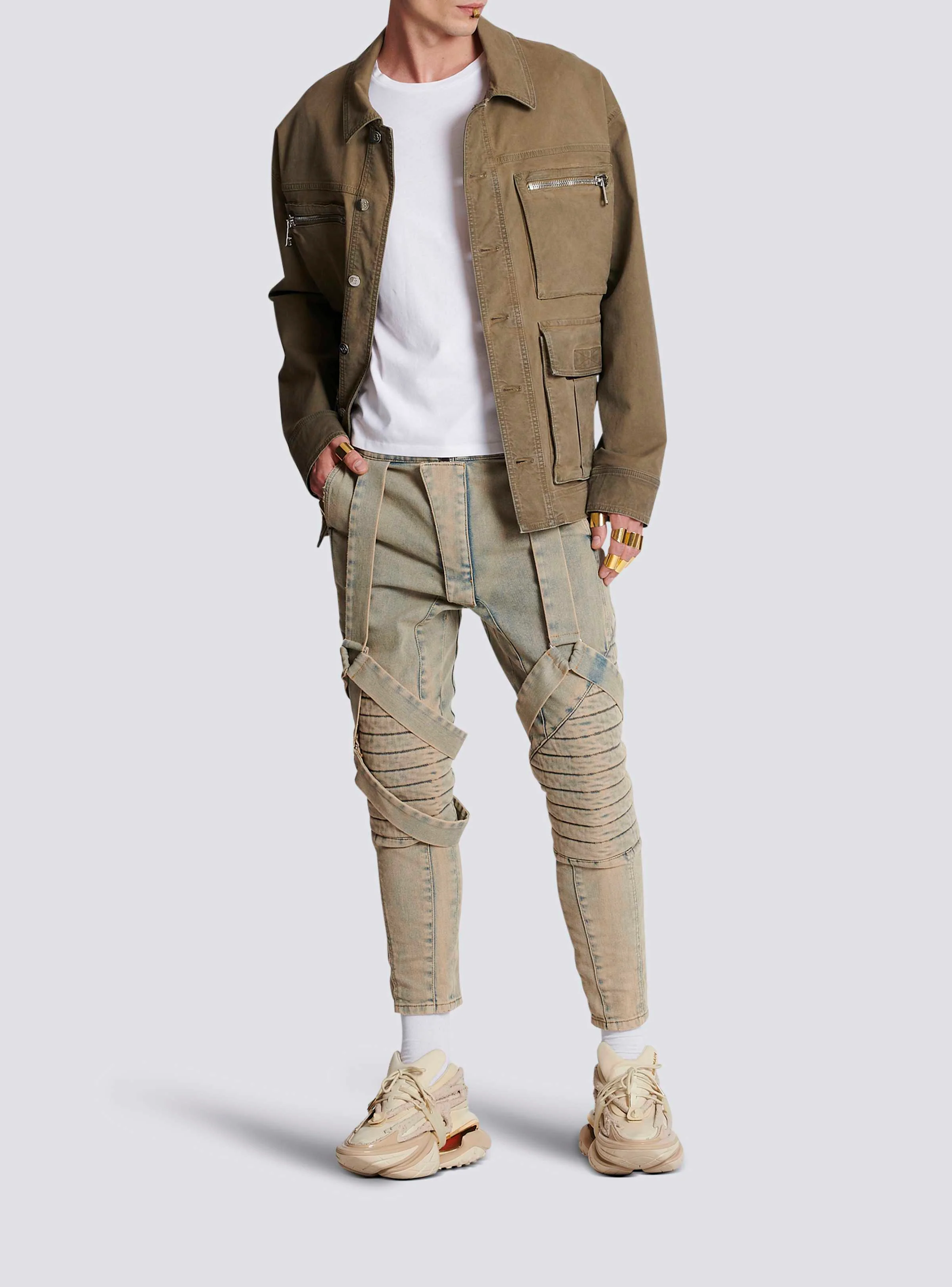 BALMAIN MEN'S SANDY BLUE MULTI-STRAP DENIM PANTS - Image 2