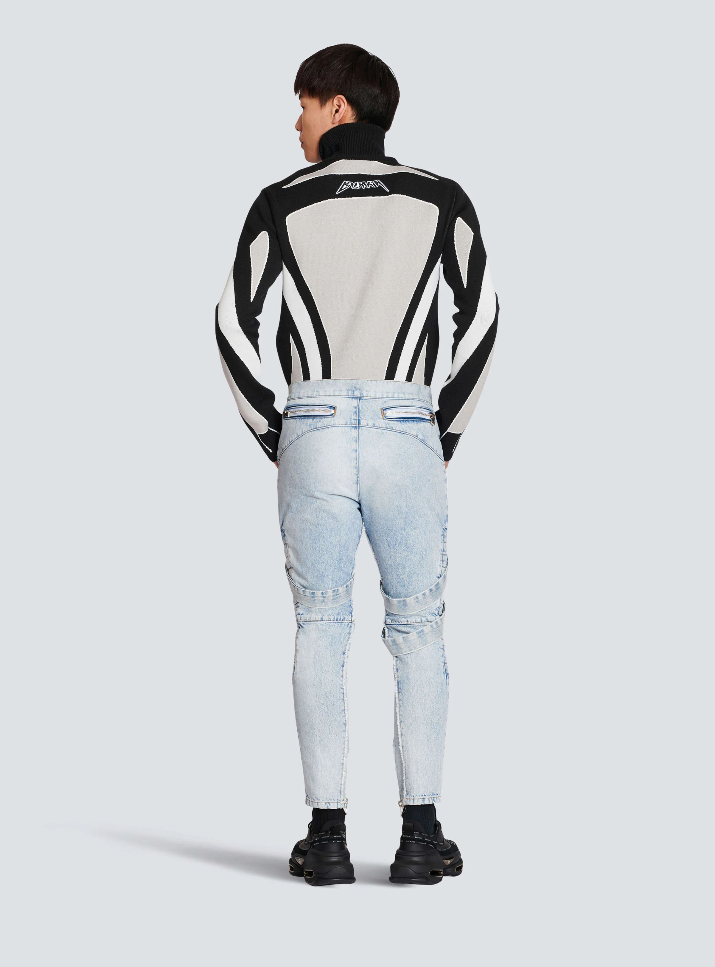 BALMAIN MEN'S LIGHT BLUE MULTI-STRAP DENIM PANTS - Image 4