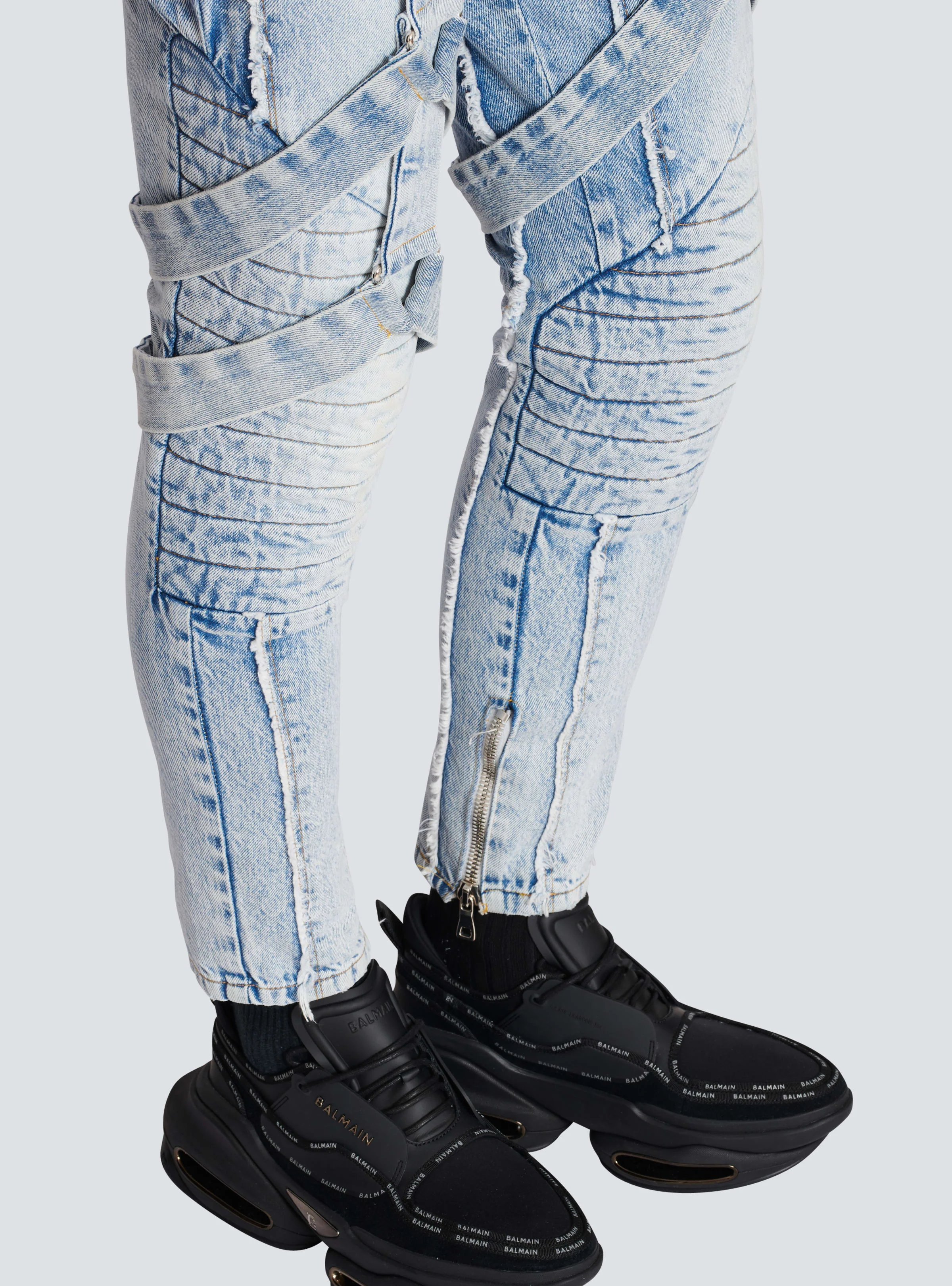 BALMAIN MEN'S LIGHT BLUE MULTI-STRAP DENIM PANTS - Image 6
