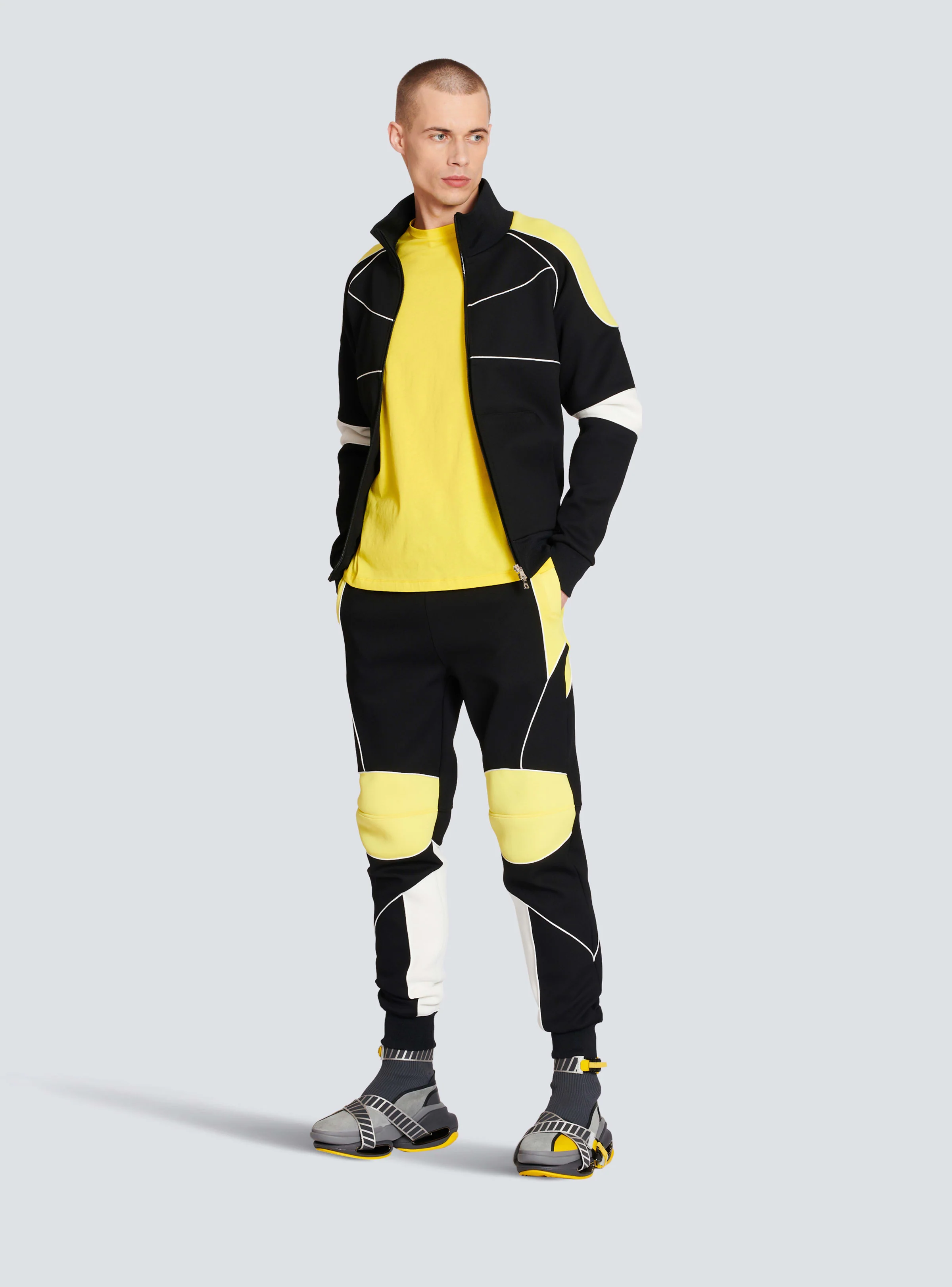 BALMAIN MEN'S BLACK YELLOW NEOPRENE PANELED TROUSERS - Image 2