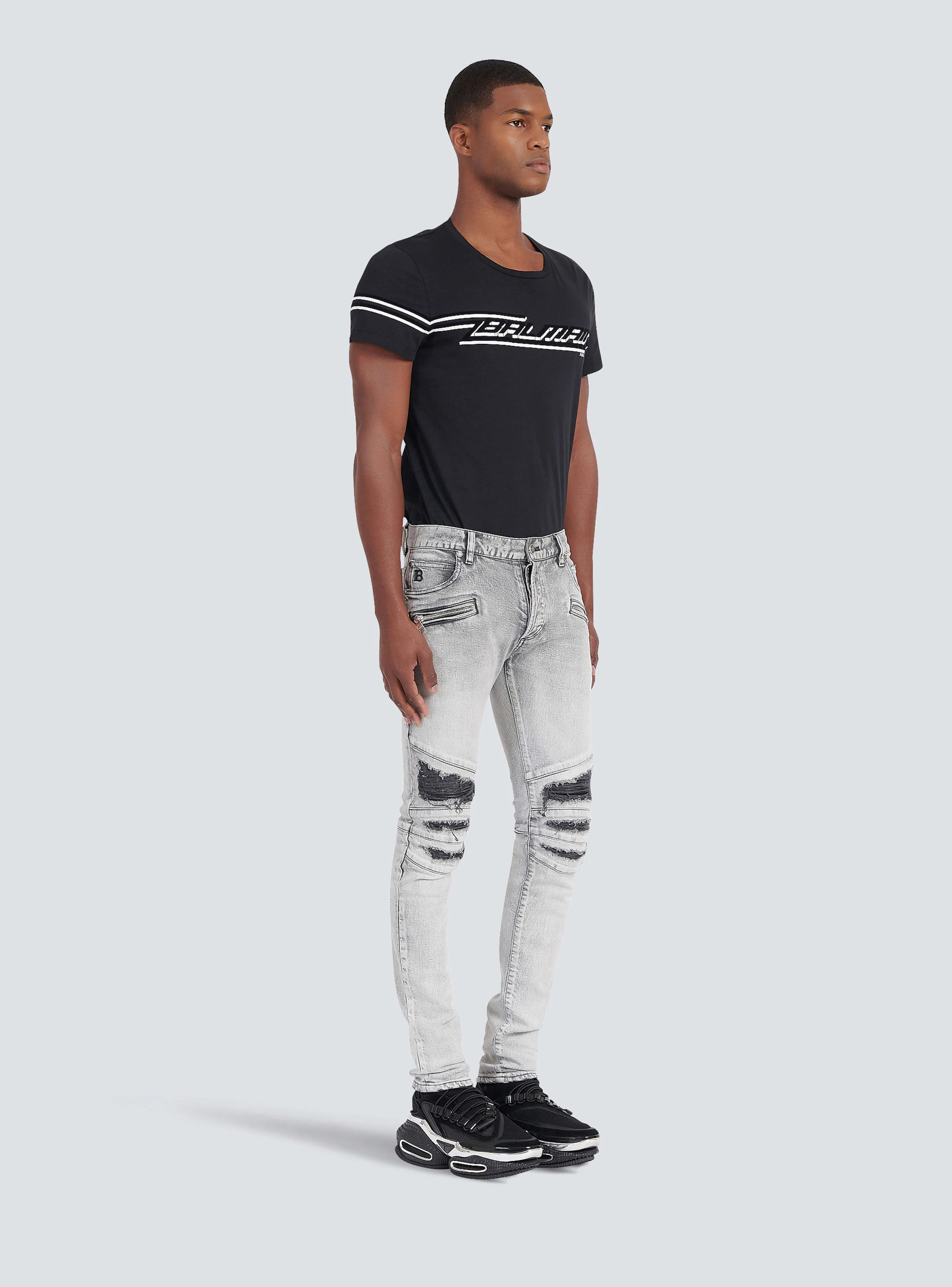 BALMAIN MEN'S RIBBED PATCHES SLIM JEANS-BLEACHED NWT - Image 3