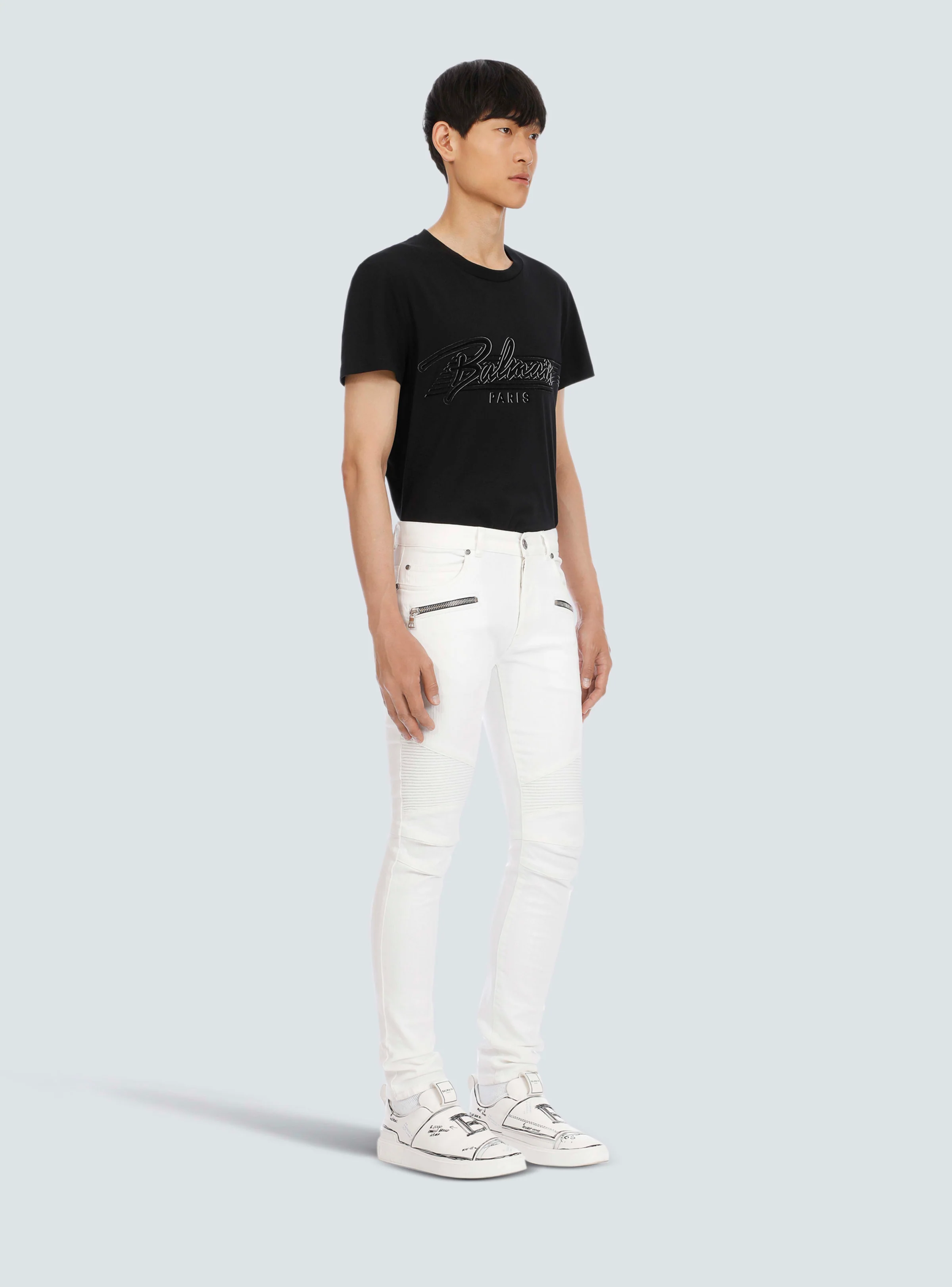 BALMAIN MEN'S WHITE RIBBED SLIM JEANS - Image 3