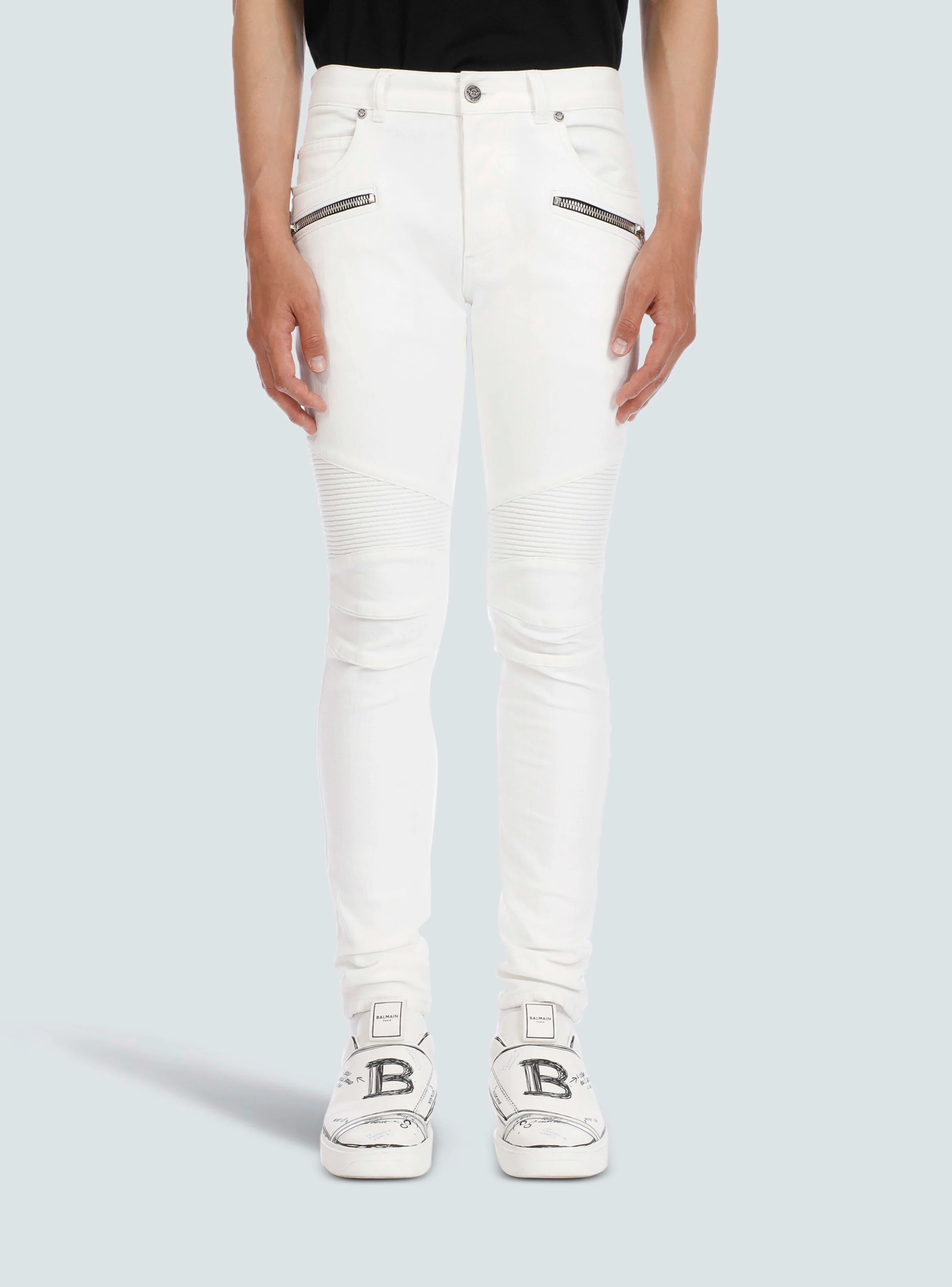 BALMAIN MEN'S WHITE RIBBED SLIM JEANS - Image 6