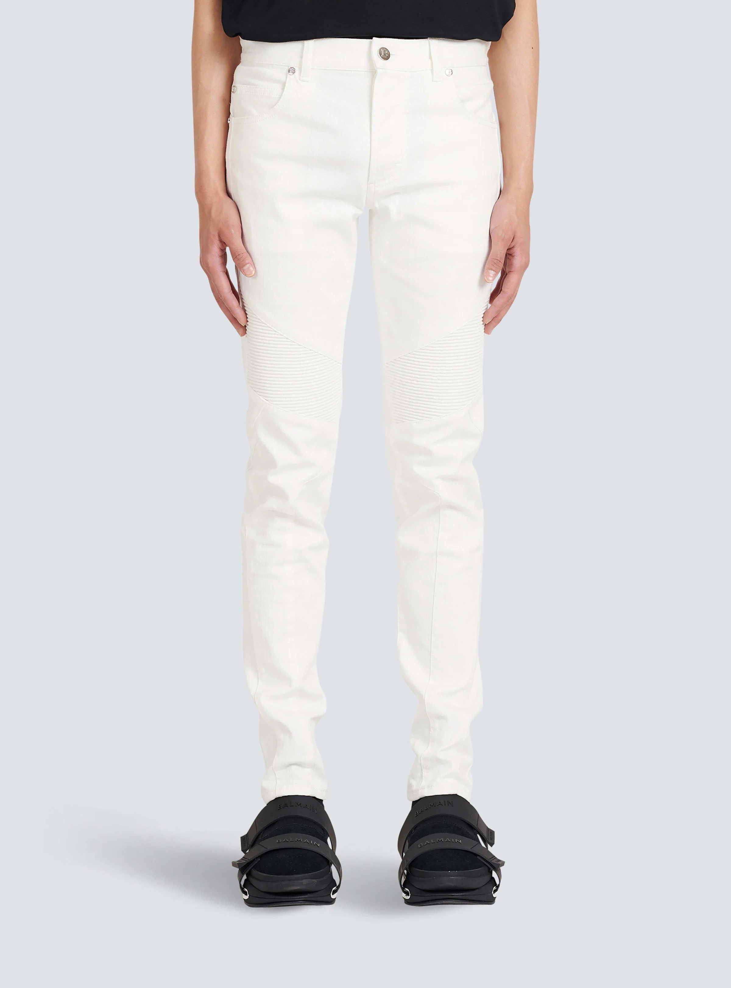 BALMAIN MEN'S WHITE RIBBED TAPERED JEANS - Image 5