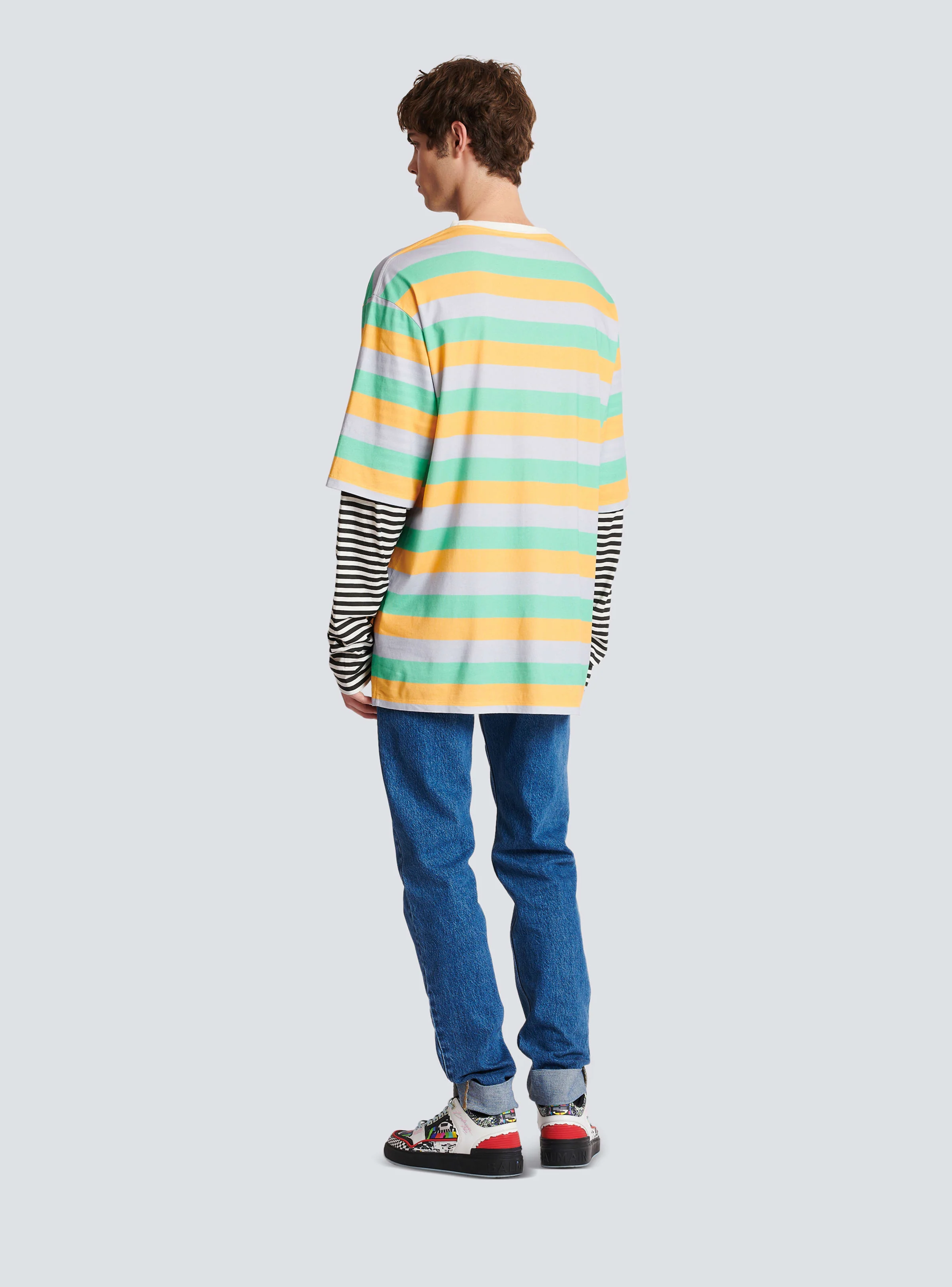 BALMAIN MEN'S MULTICOLOR STRIPED OVERSIZED LONG-SLEEVE SHIRT - Image 4