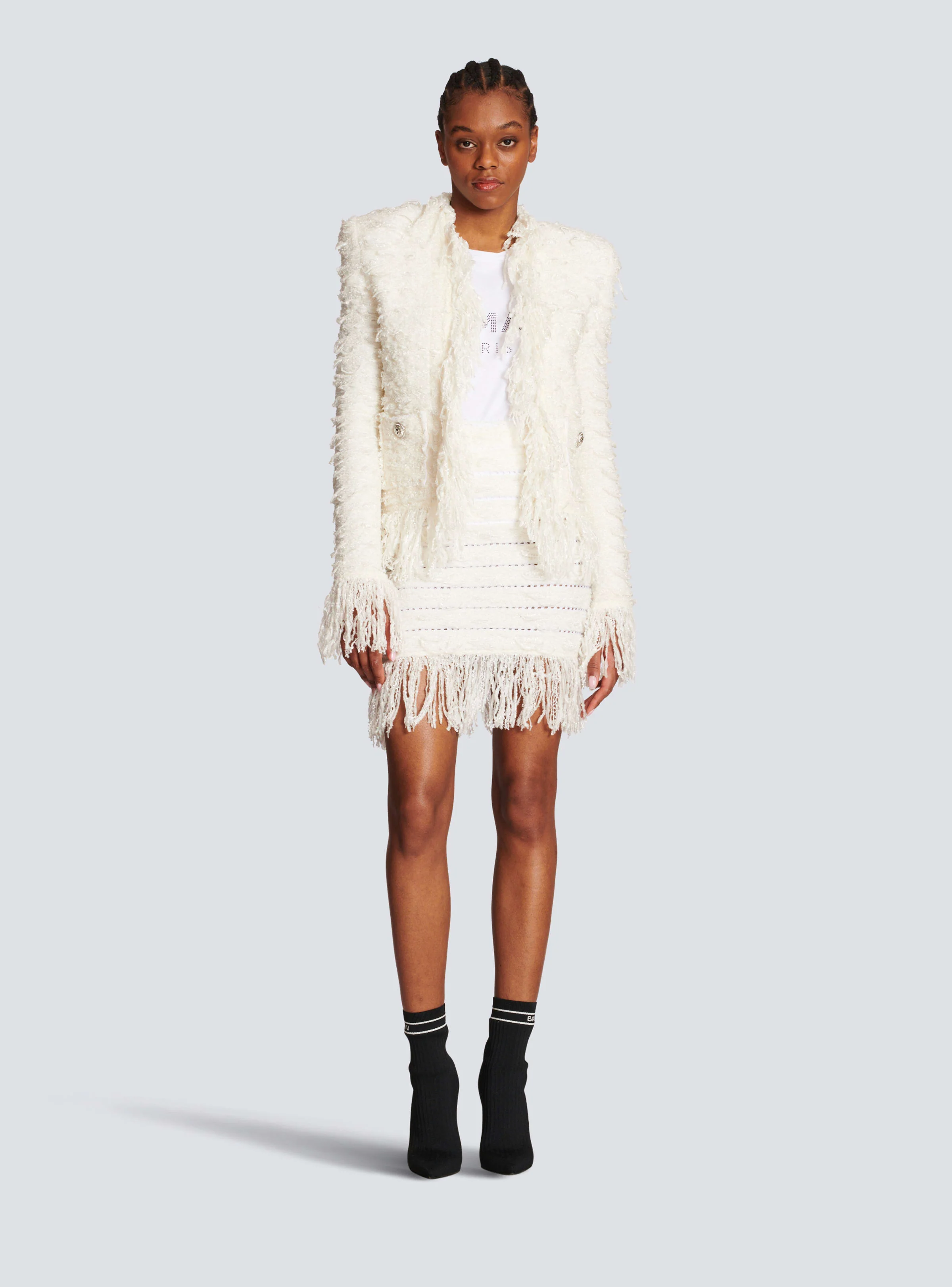 BALMAIN WOMEN'S 2 BTN IRIDESCENT FRINGED TWEED SKIRT NWT - Image 2