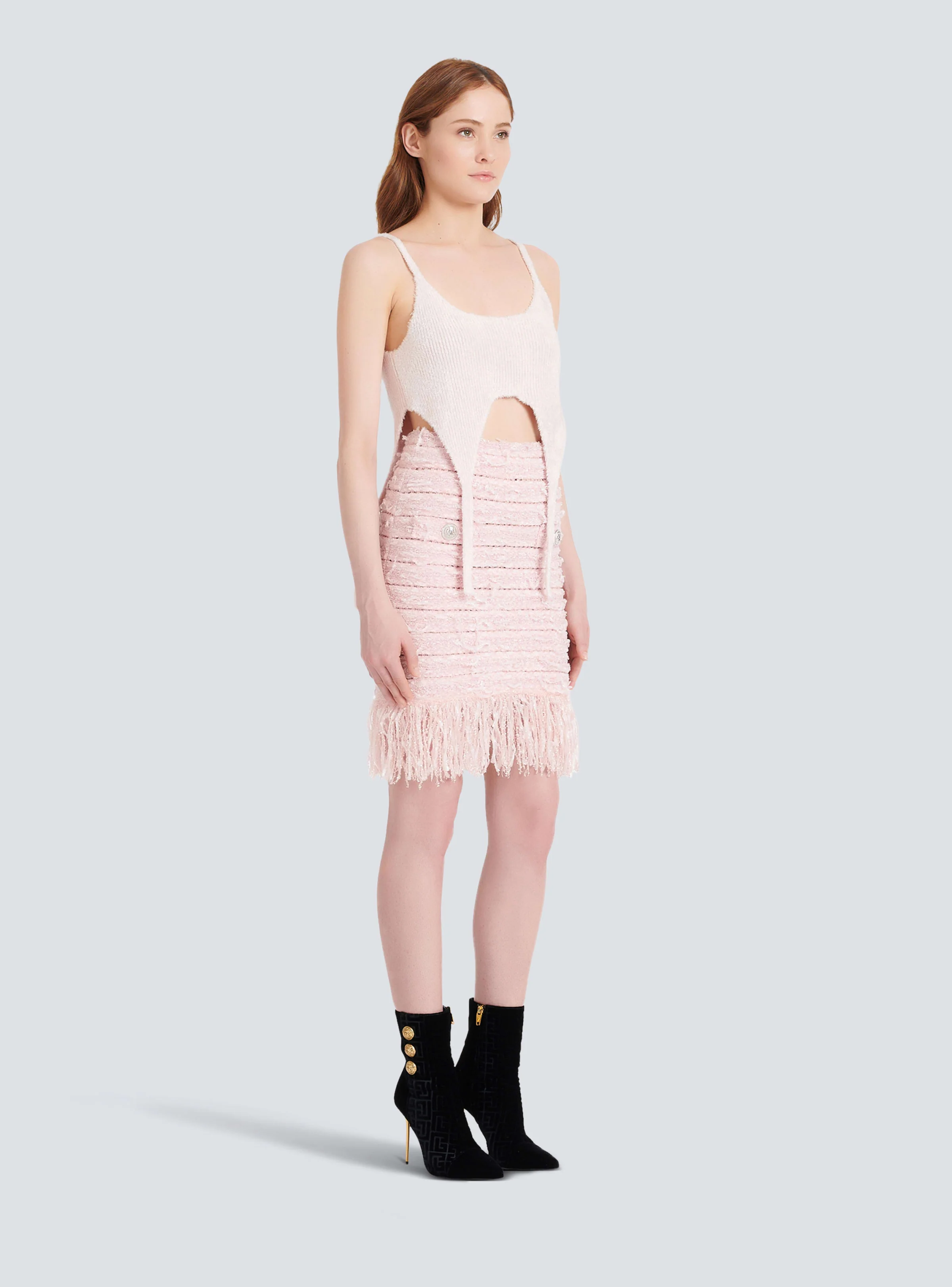 BALMAIN WOMEN'S 2 BTN IRIDESCENT FRINGED TWEED SKIRT NWT - Image 3