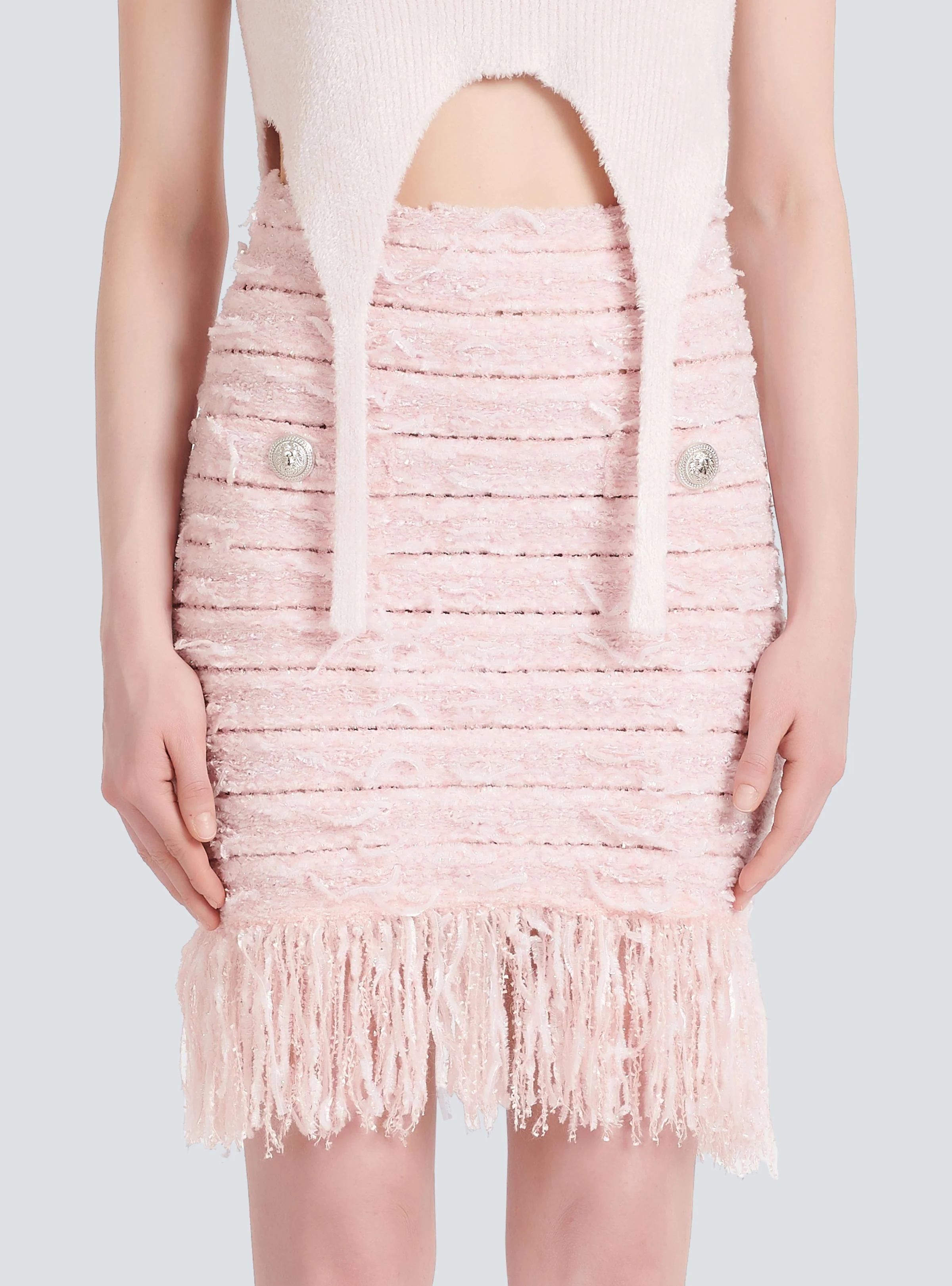 BALMAIN WOMEN'S 2 BTN IRIDESCENT FRINGED TWEED SKIRT NWT - Image 5