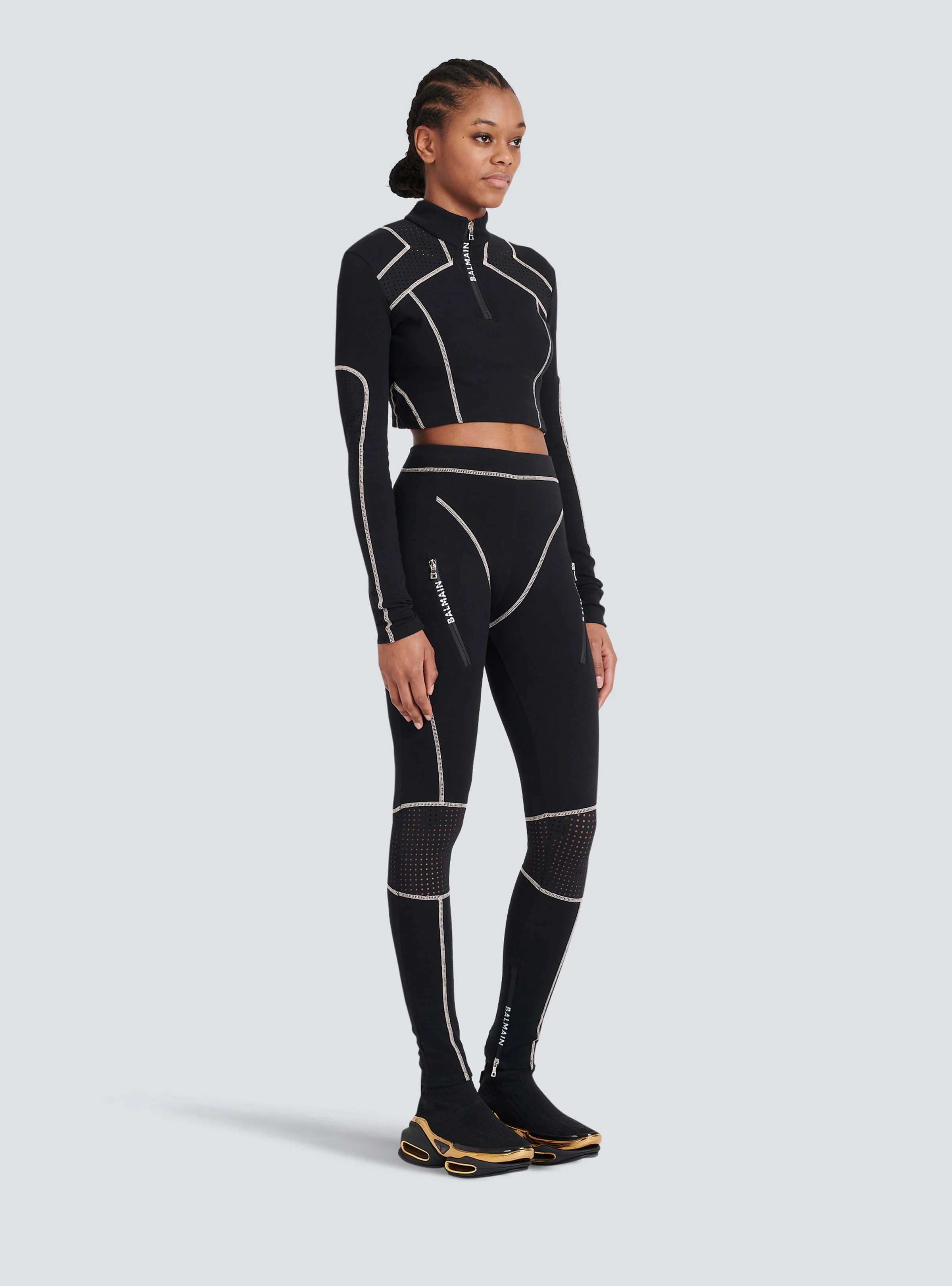 BALMAIN WOMEN'S BLACK ZIPPED JERSEY LEGGINGS - Image 3