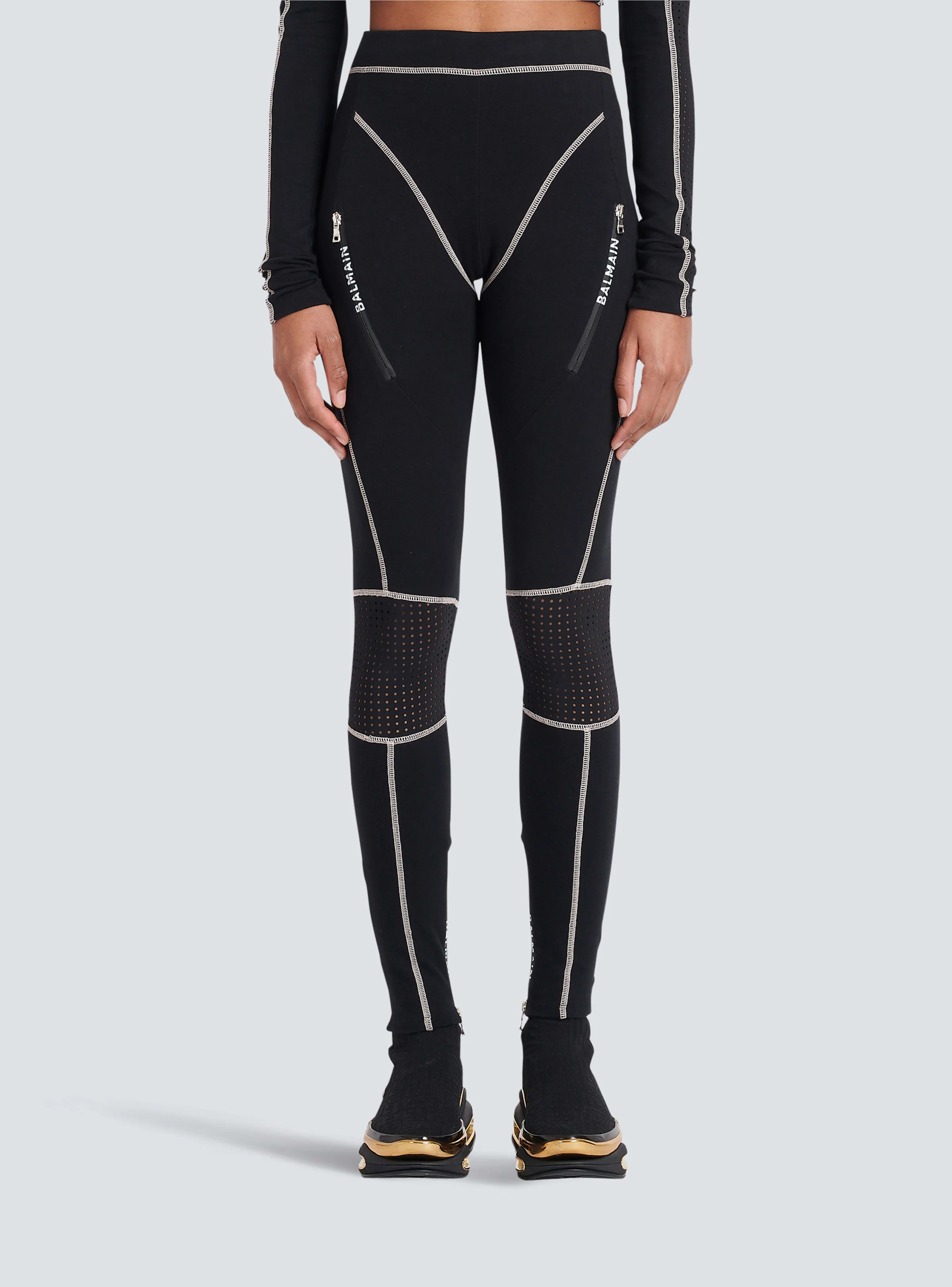 BALMAIN WOMEN'S BLACK ZIPPED JERSEY LEGGINGS - Image 5