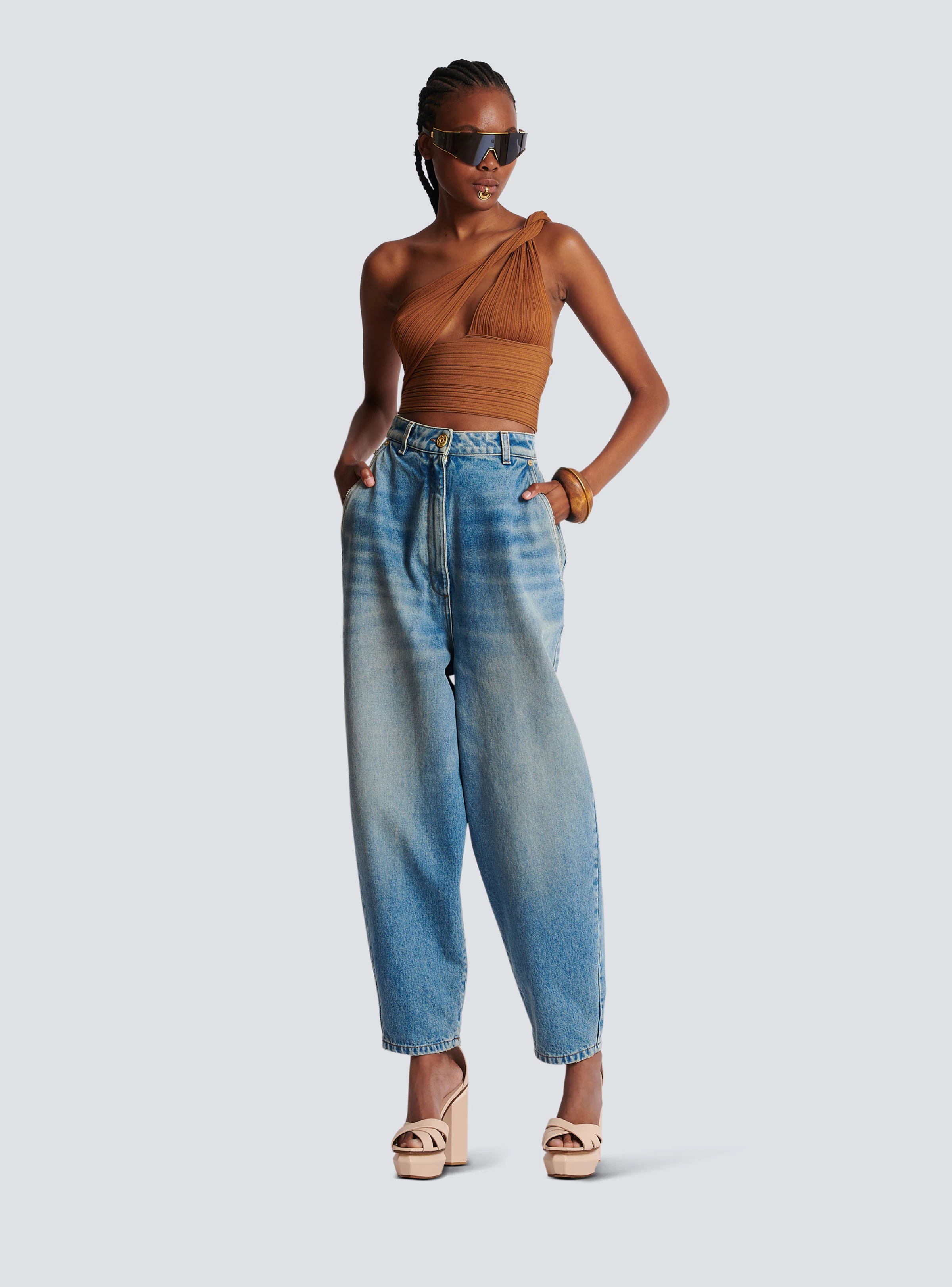 BALMAIN WOMEN'S BRAIDED ASYMMETRIC PLEATED KNIT CROP TOP NWT - Image 2