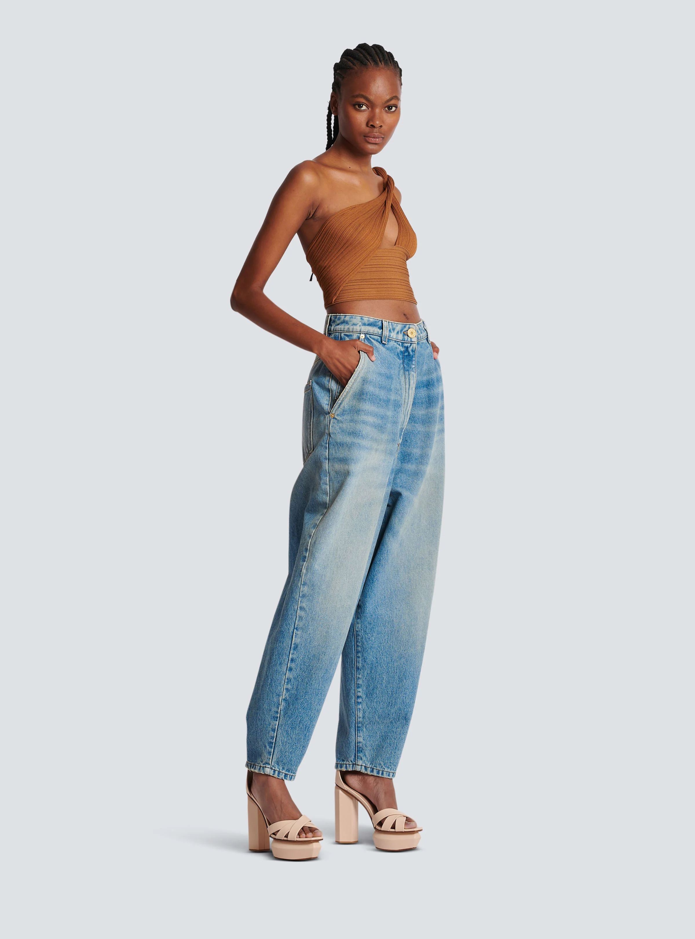 BALMAIN WOMEN'S BRAIDED ASYMMETRIC PLEATED KNIT CROP TOP NWT - Image 3