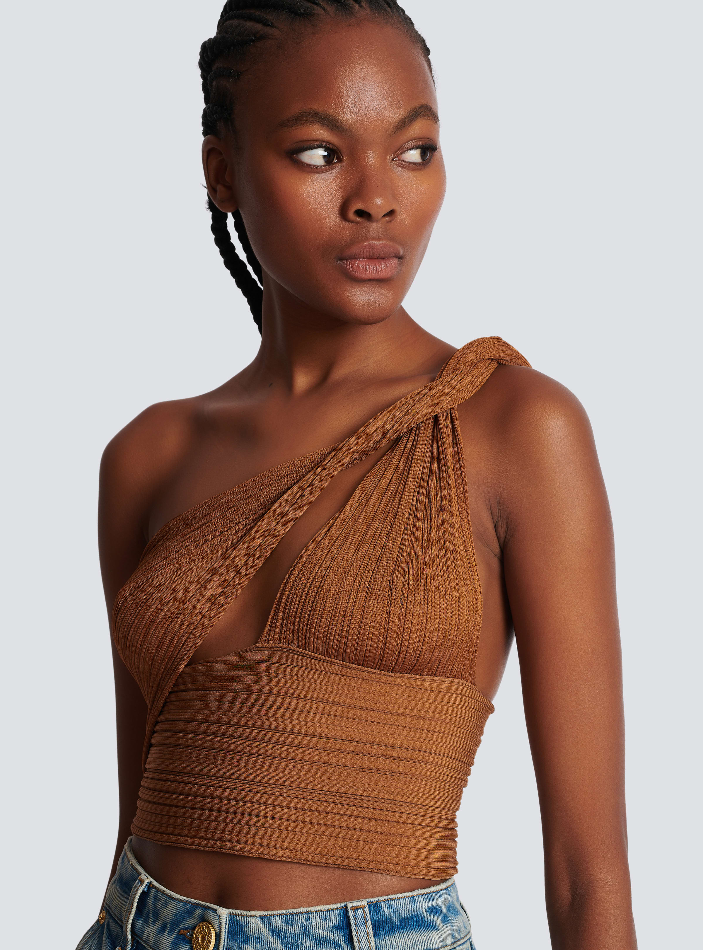 BALMAIN WOMEN'S BRAIDED ASYMMETRIC PLEATED KNIT CROP TOP NWT - Image 5