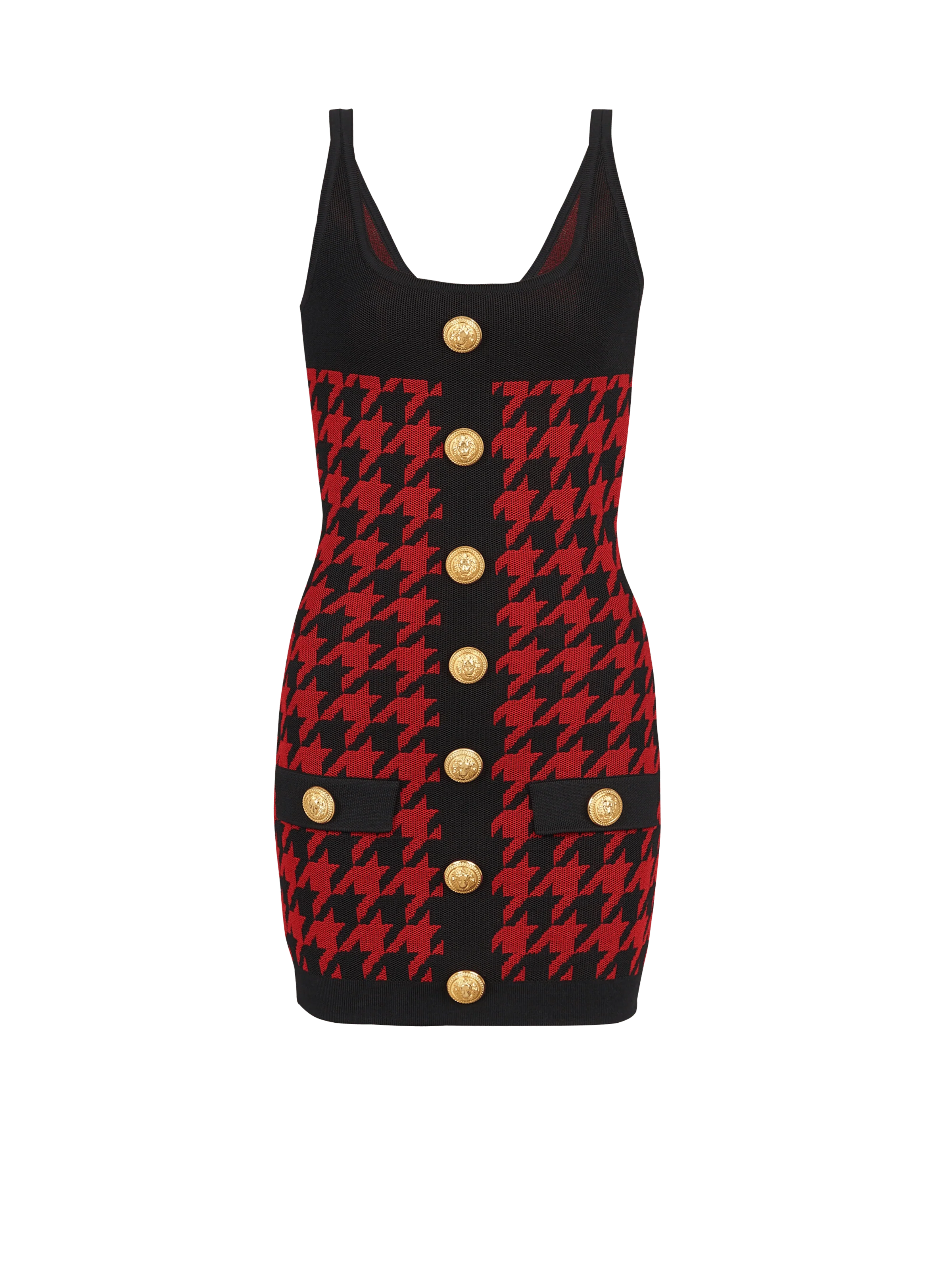 BALMAIN WOMEN'S BLACK RED HOUNDSTOOTH KNIT BODYCON DRESS